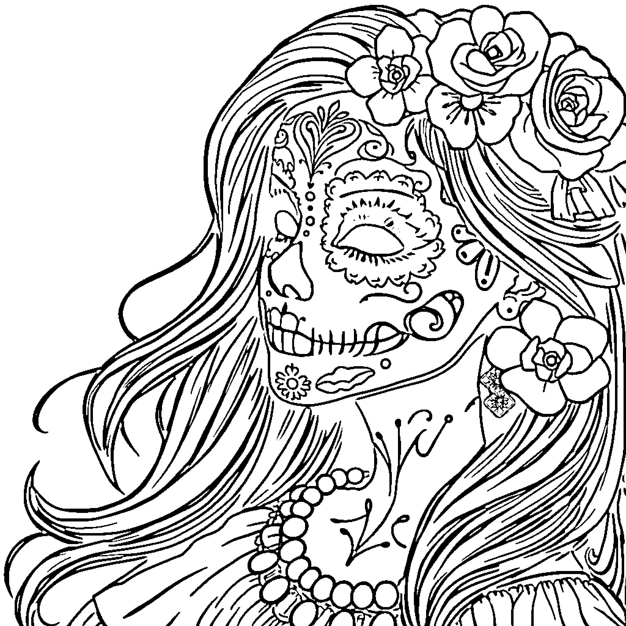 Sugar Skull Woman with Ornate Hairstyle and Floral Accents Coloring Page (free black-and-white line drawing printable PDF for all, from beginners to advanced learners, including children, teens, adults, and seniors)