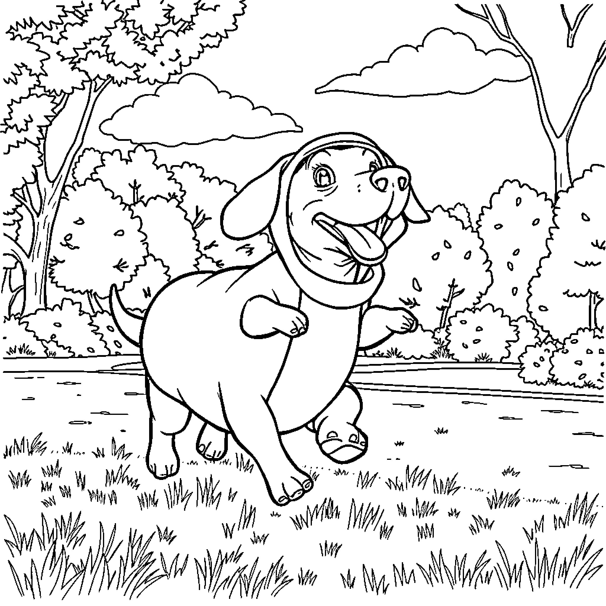 Sausage Dog playing happily in the park Coloring Page (free black-and-white line drawing printable PDF for all, from beginners to advanced learners, including children, teens, adults, and seniors)