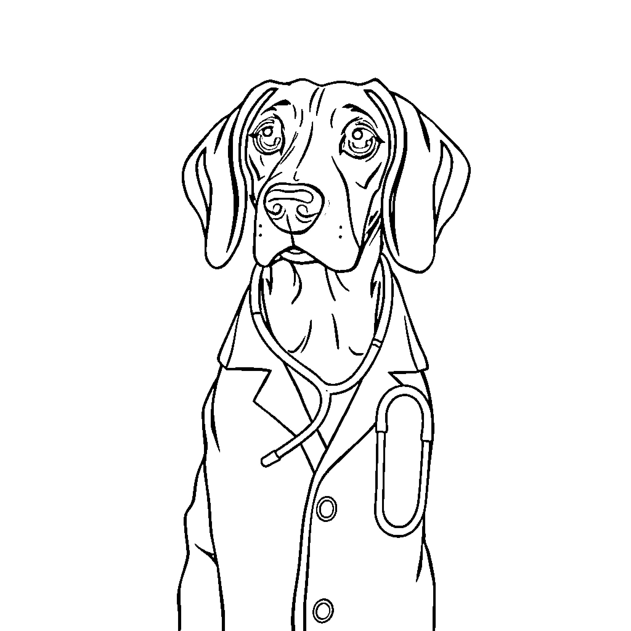 Beagle in doctor's coat with stethoscope Coloring Page (free black-and-white line drawing printable PDF for all, from beginners to advanced learners, including children, teens, adults, and seniors)