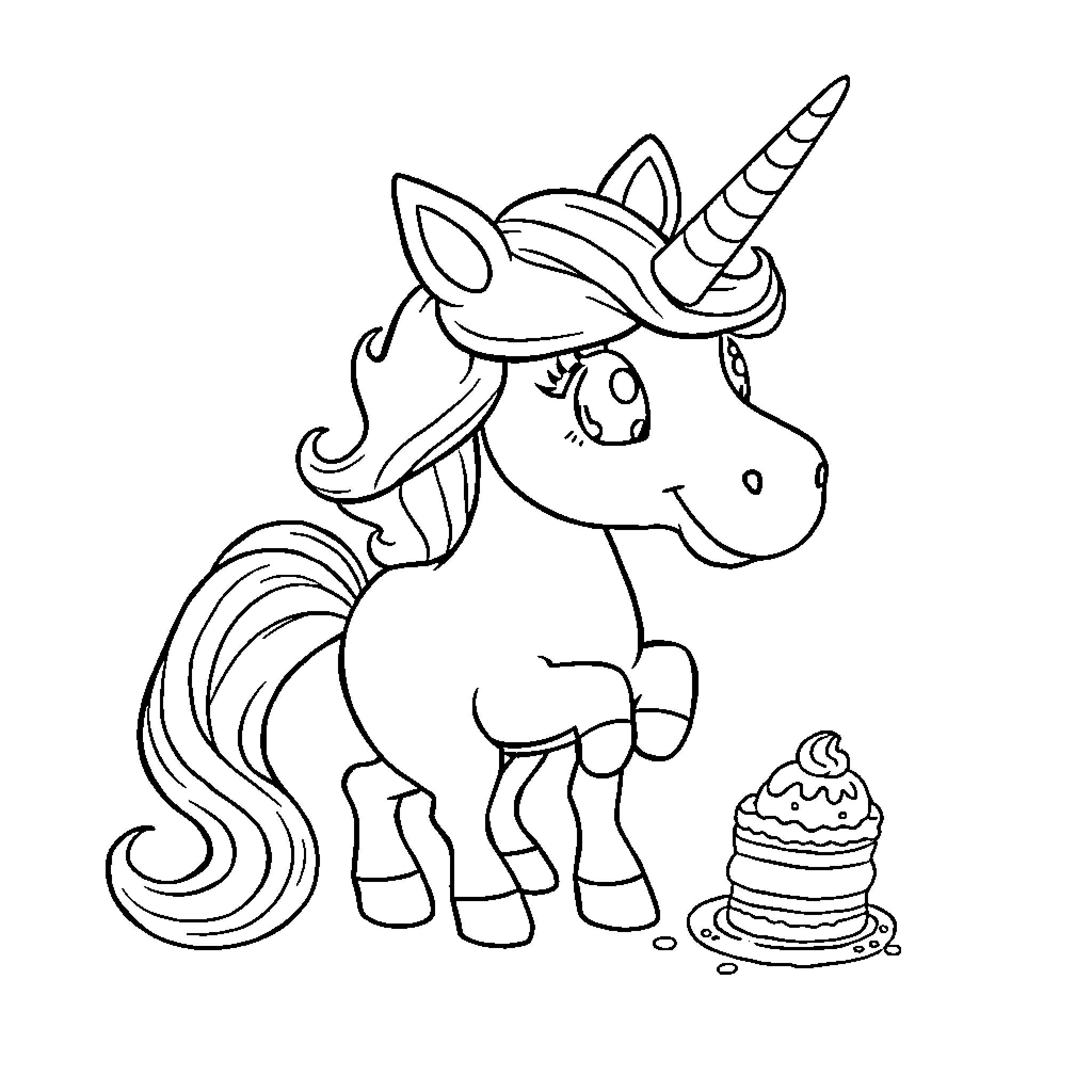 Unicorn admiring a cupcake Coloring Page (free black-and-white line drawing printable PDF for all, from beginners to advanced learners, including children, teens, adults, and seniors)