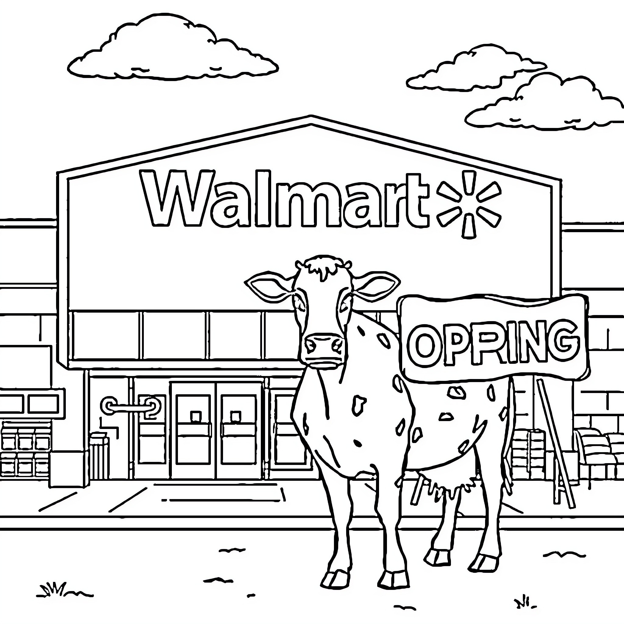 Cow shopping at Walmart Coloring Page (free black-and-white line drawing printable PDF for all, from beginners to advanced learners, including children, teens, adults, and seniors)