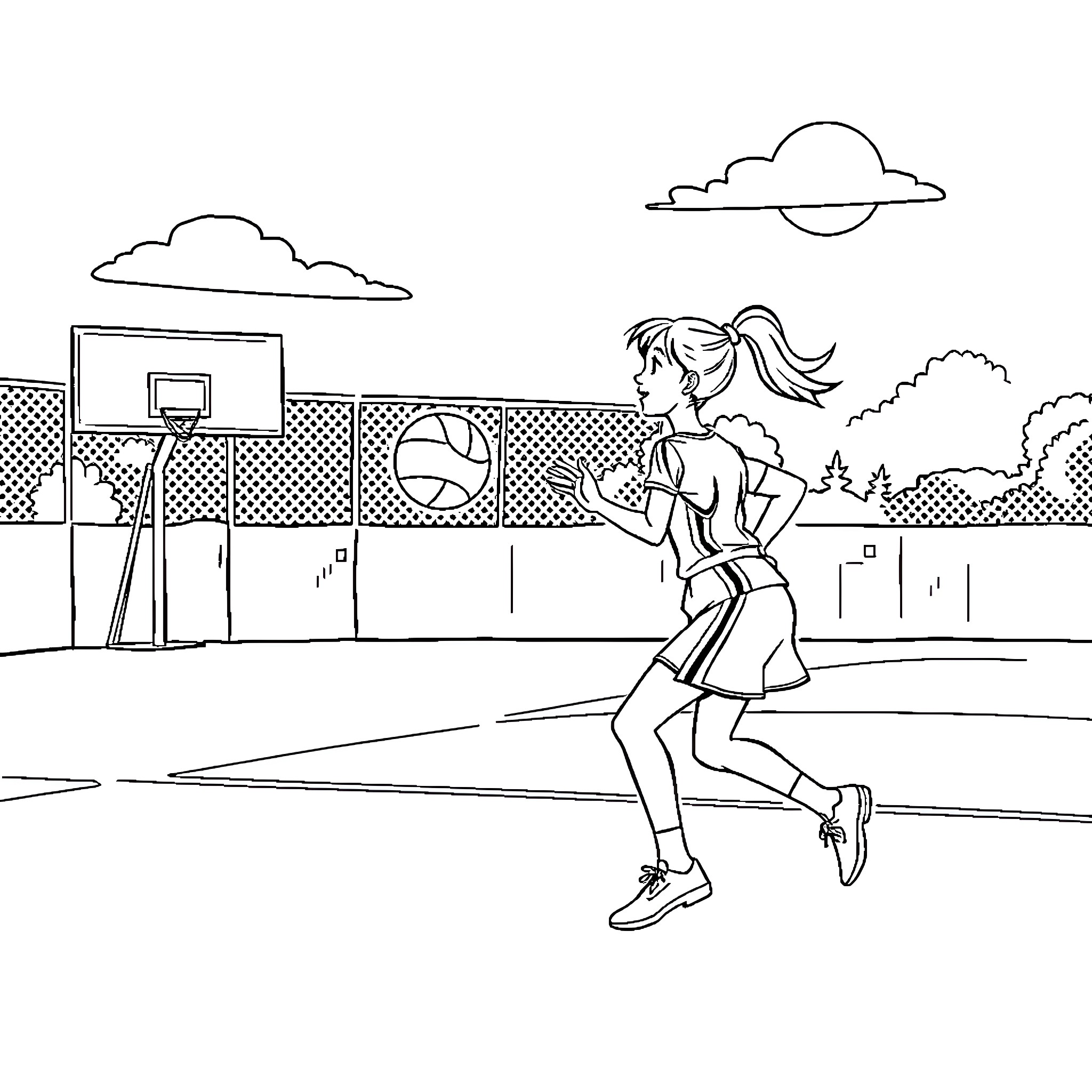Girl playing basketball on outdoor court Coloring Page (free black-and-white line drawing printable PDF for all, from beginners to advanced learners, including children, teens, adults, and seniors)