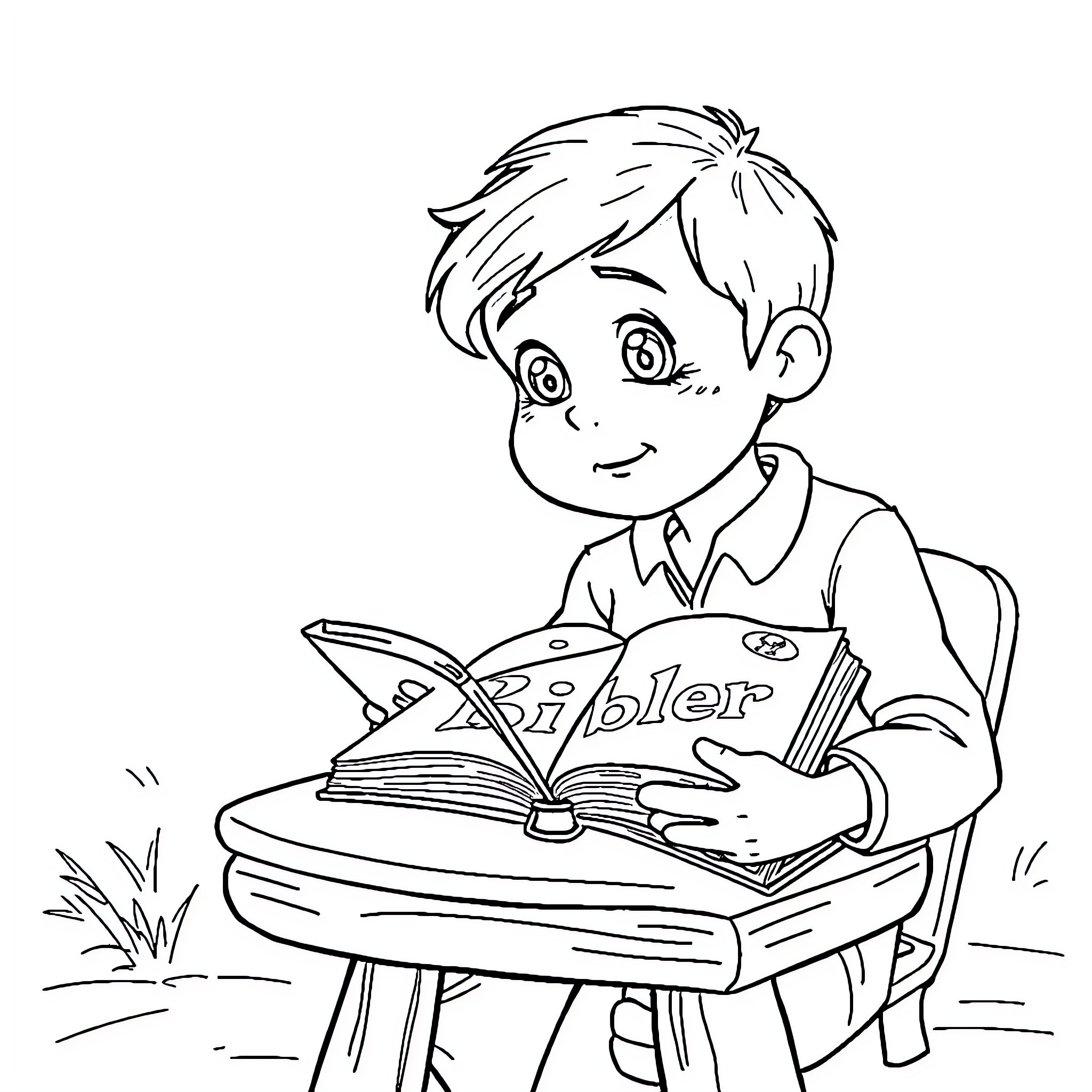Timothy's Joyful Learning with Bible at Desk Coloring Page (free black-and-white line drawing printable PDF for all, from beginners to advanced learners, including children, teens, adults, and seniors)