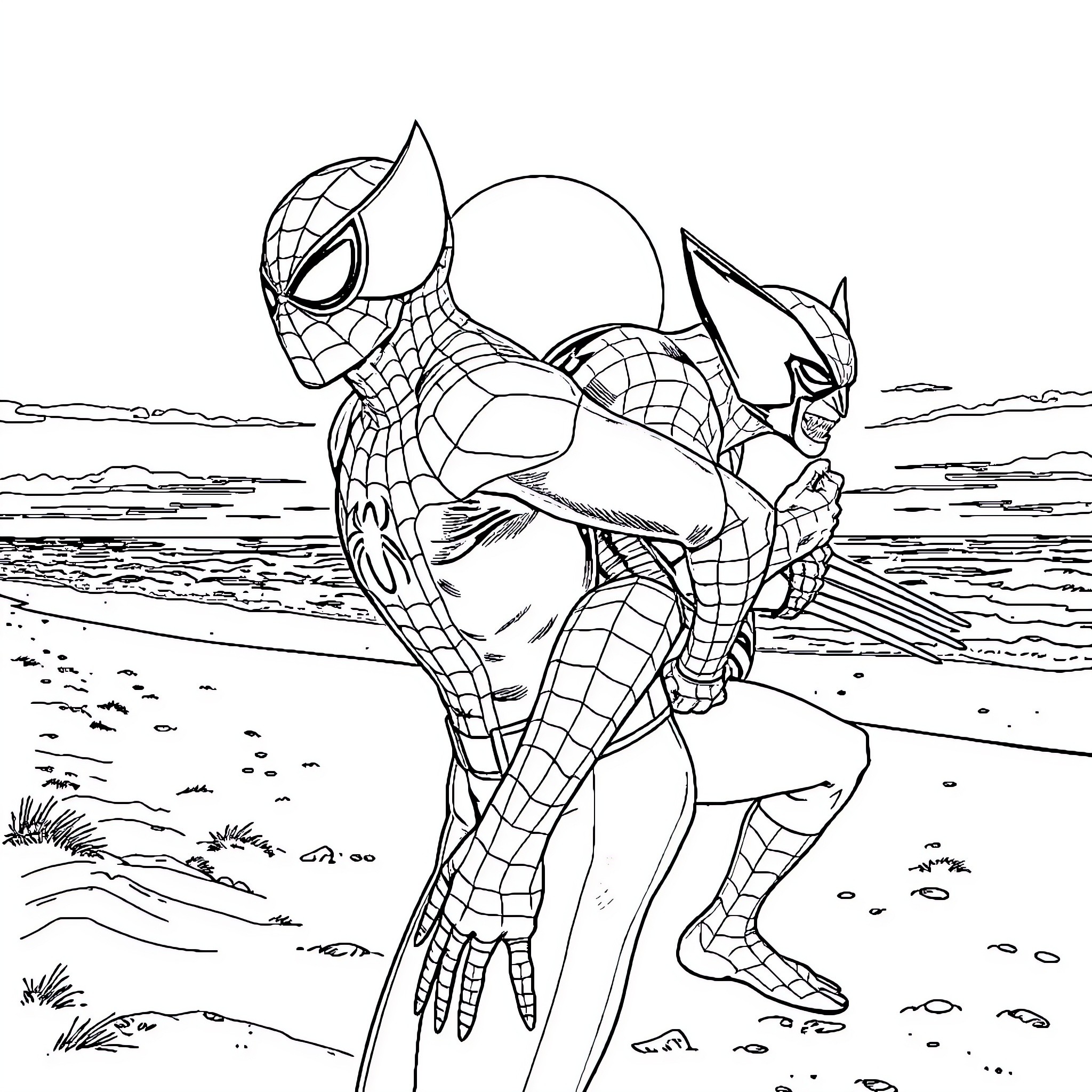 Spiderman heroically swinging over the beach Coloring Page (free black-and-white line drawing printable PDF for all, from beginners to advanced learners, including children, teens, adults, and seniors)