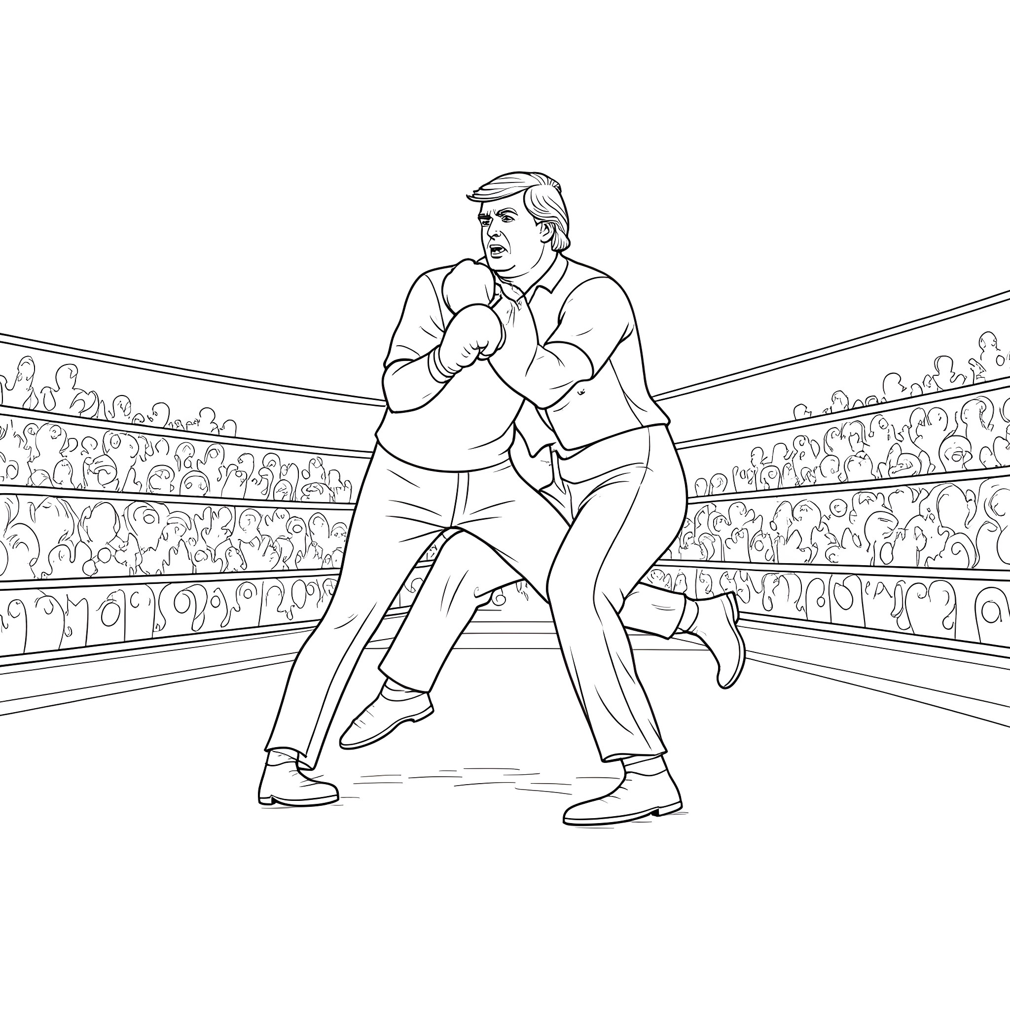 Trump boxing in a match Coloring Page (free black-and-white line drawing printable PDF for all, from beginners to advanced learners, including children, teens, adults, and seniors)