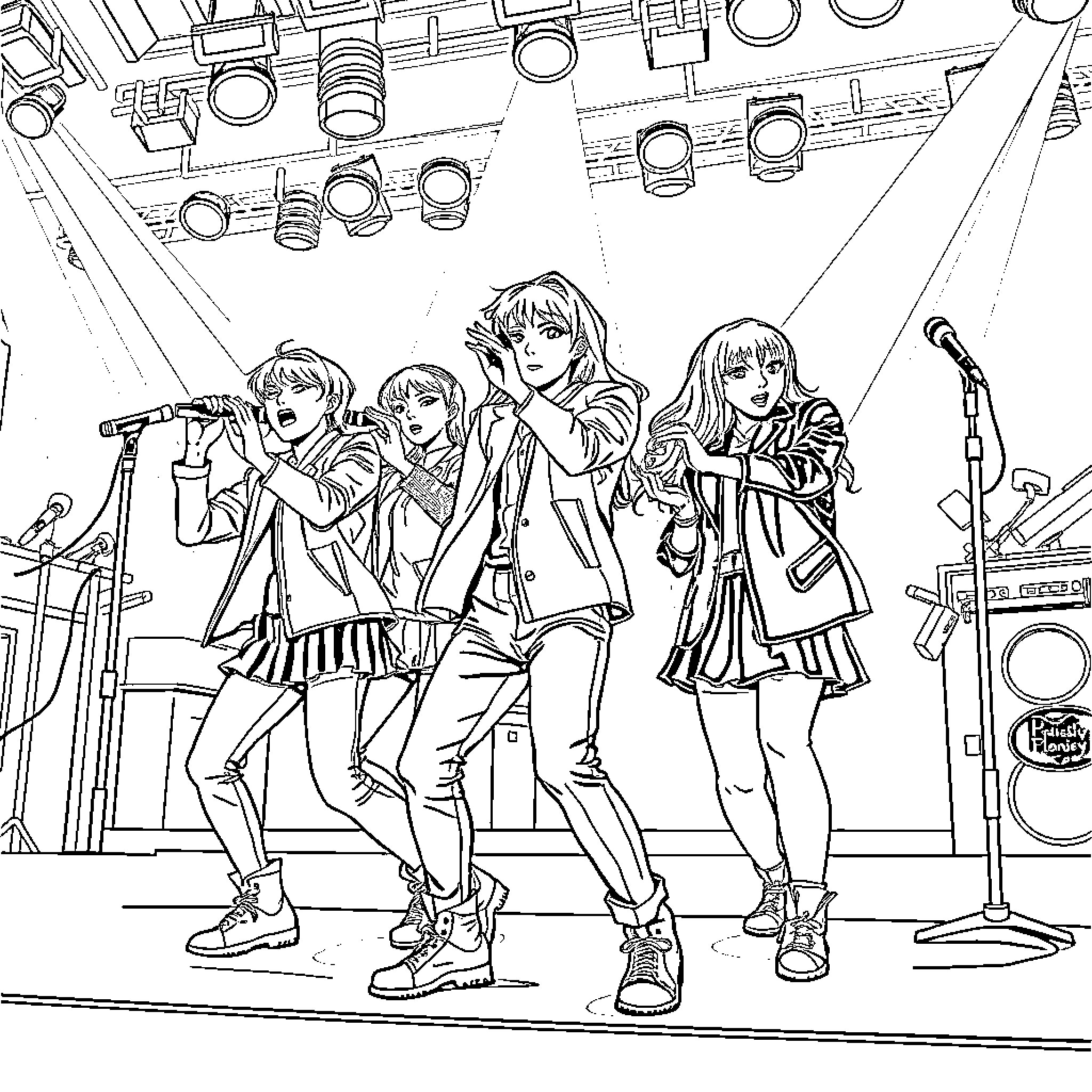 K Pop Idol Group Performing on Stage Coloring Page (free black-and-white line drawing printable PDF for all, from beginners to advanced learners, including children, teens, adults, and seniors)
