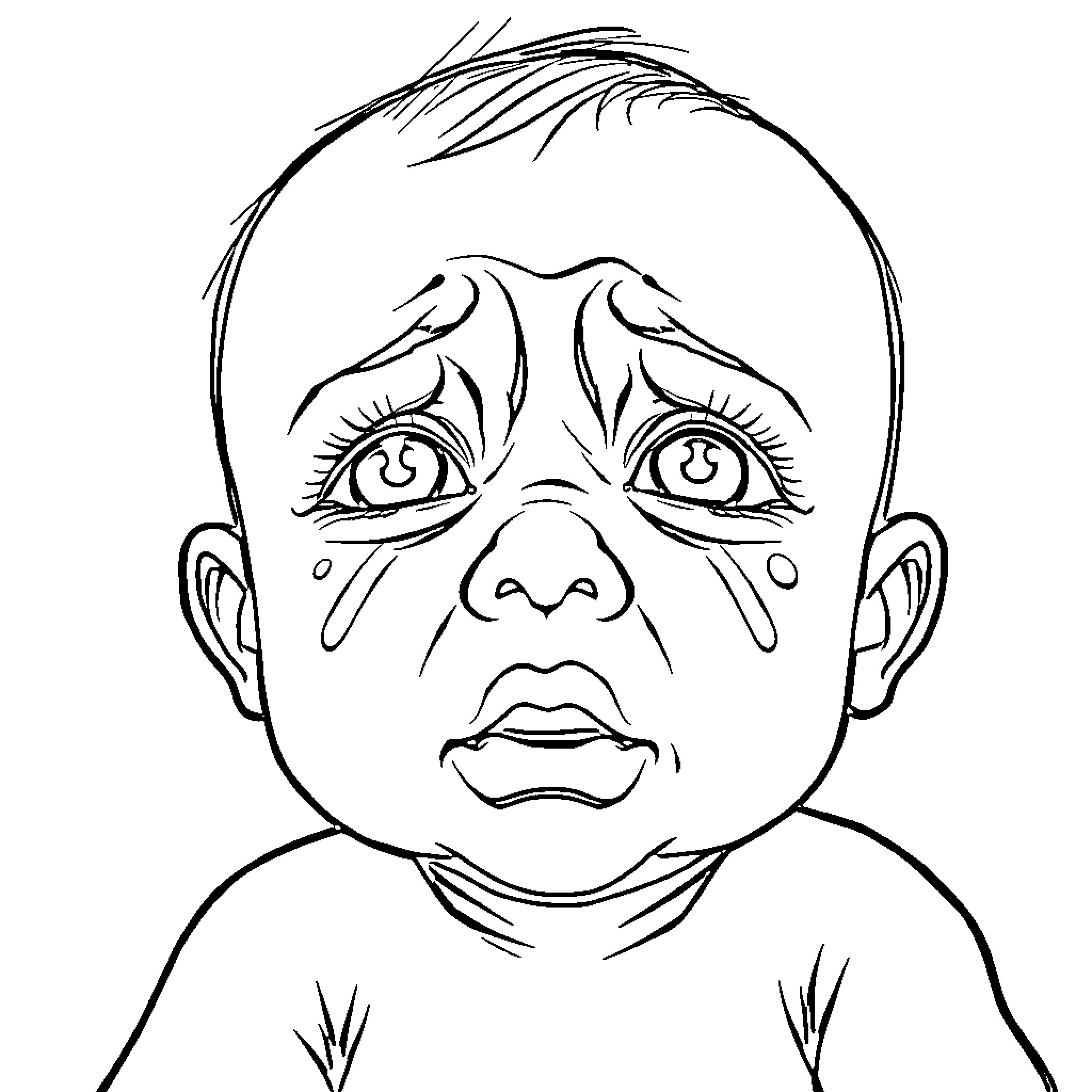 Baby expressing sadness or distress Coloring Page (free black-and-white line drawing printable PDF for all, from beginners to advanced learners, including children, teens, adults, and seniors)