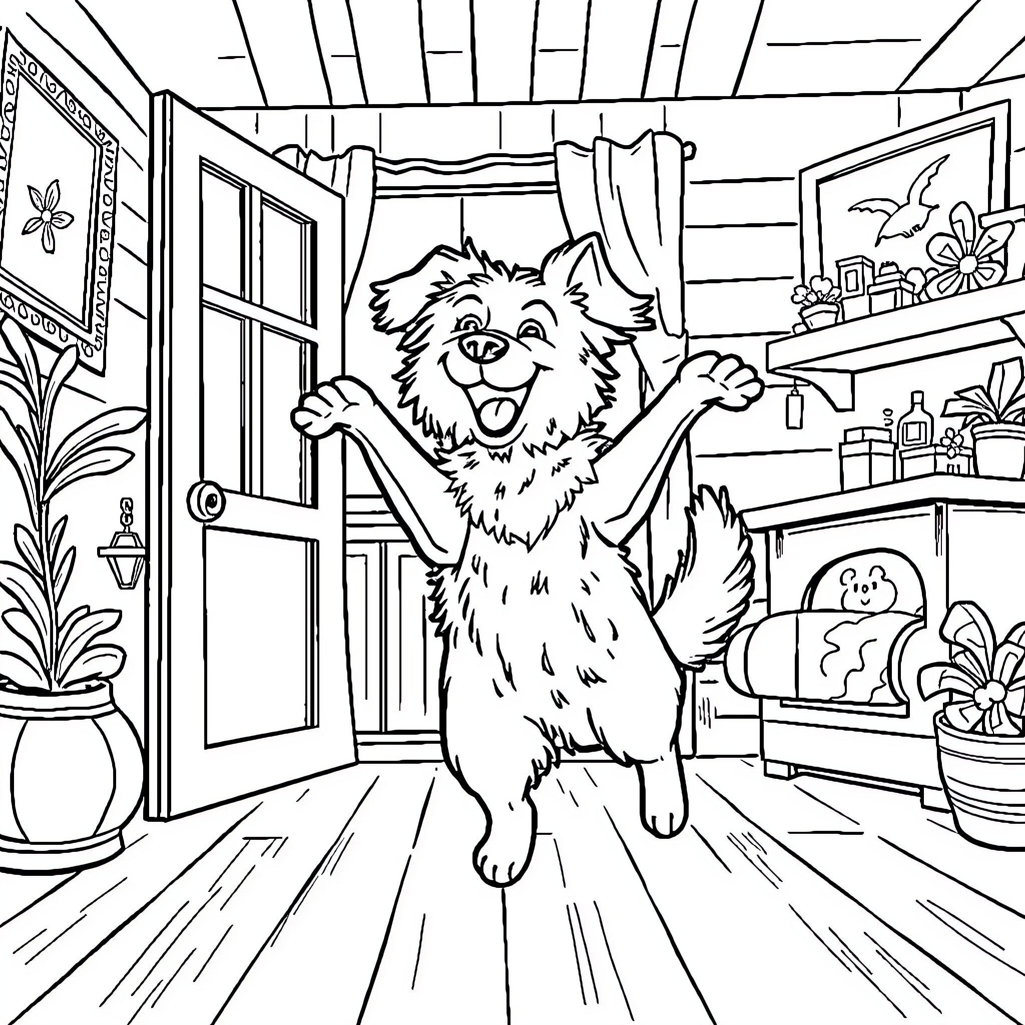 Dog Happily Greeting in a Cozy Home Coloring Page (free black-and-white line drawing printable PDF for all, from beginners to advanced learners, including children, teens, adults, and seniors)