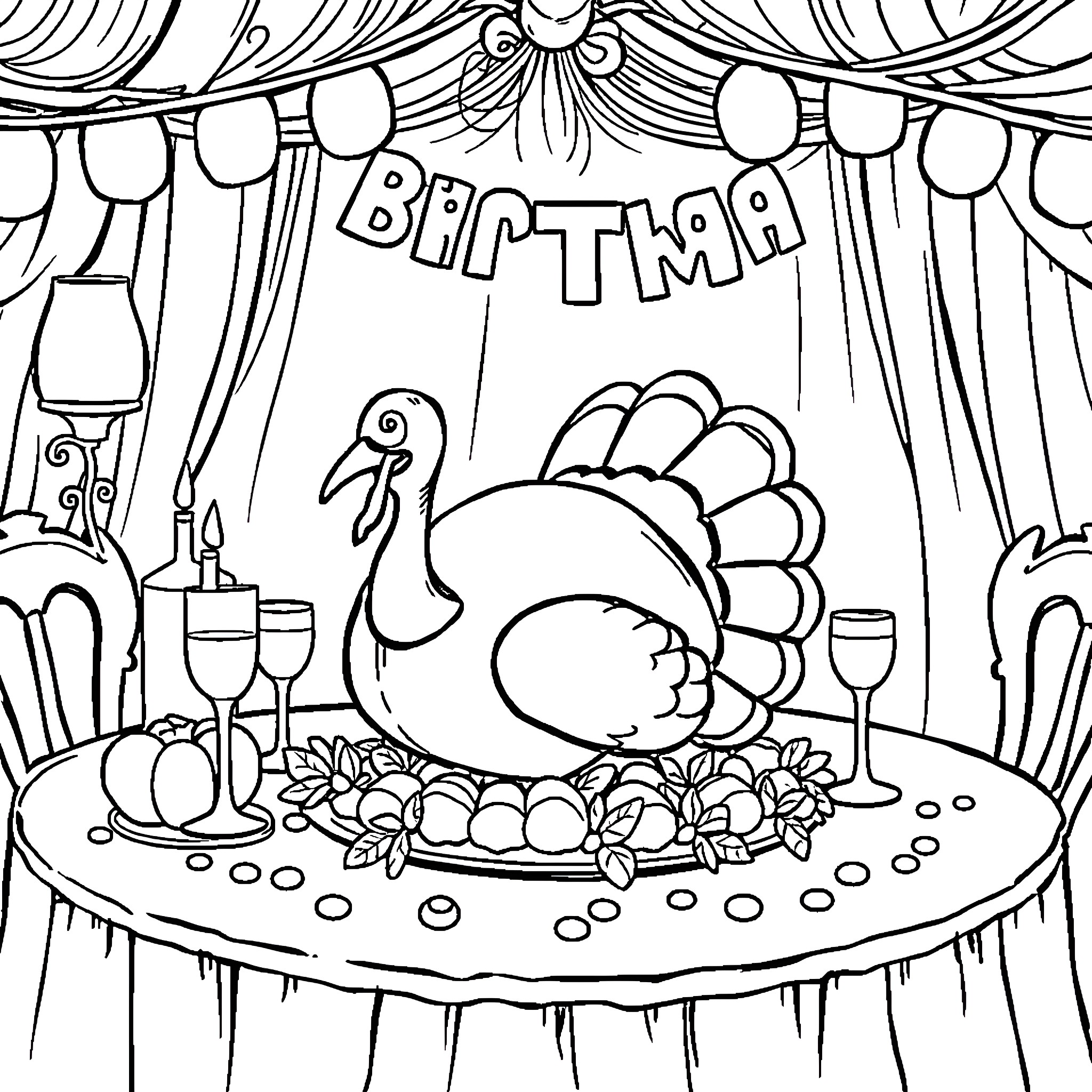 Turkey celebrates birthday party with festive decorations Coloring Page (free black-and-white line drawing printable PDF for all, from beginners to advanced learners, including children, teens, adults, and seniors)