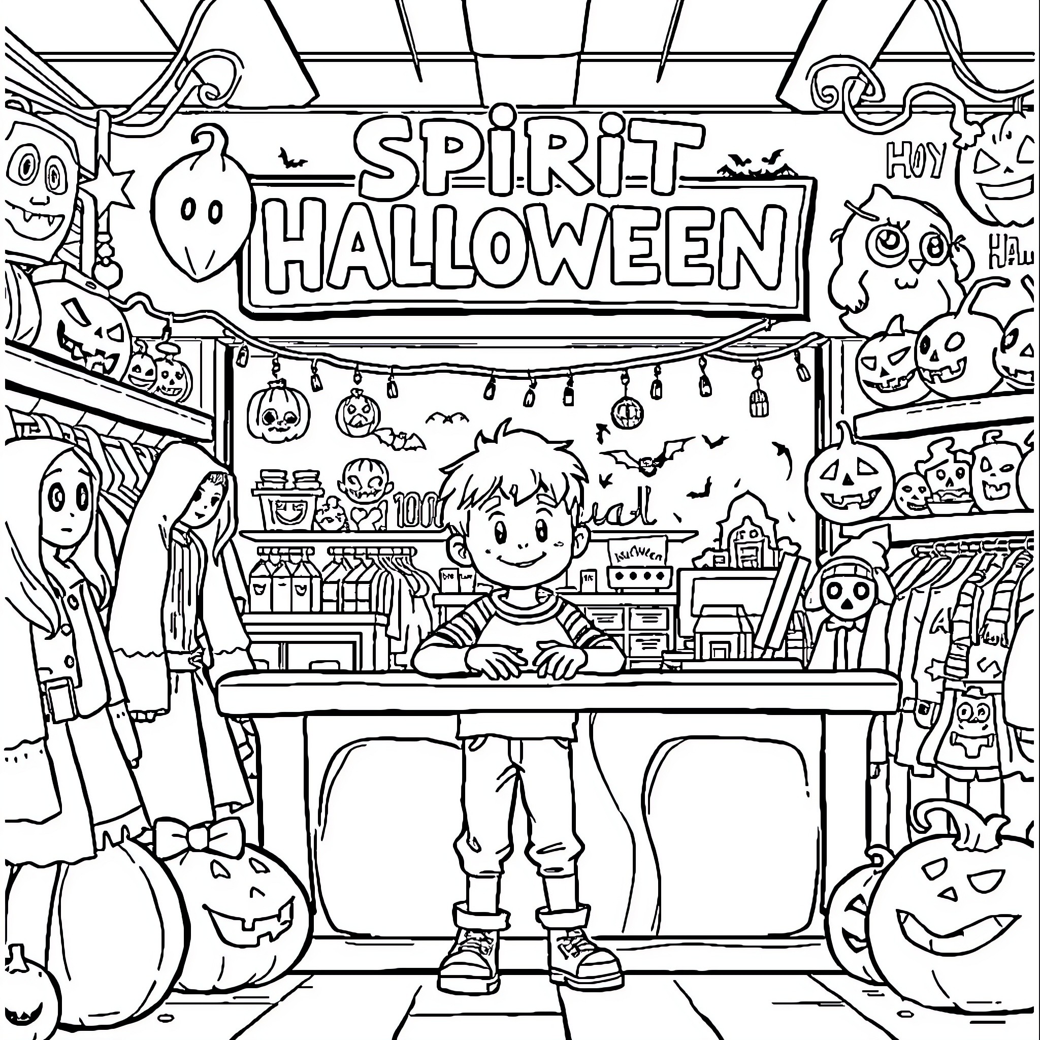 Luke enjoys the Spirit of Halloween Coloring Page (free black-and-white line drawing printable PDF for all, from beginners to advanced learners, including children, teens, adults, and seniors)