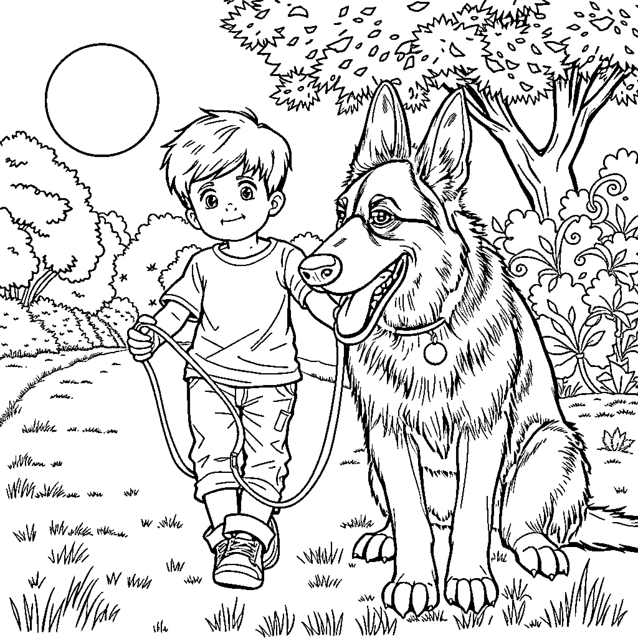 Boy walking with his loyal dog in the forest Coloring Page (free black-and-white line drawing printable PDF for all, from beginners to advanced learners, including children, teens, adults, and seniors)