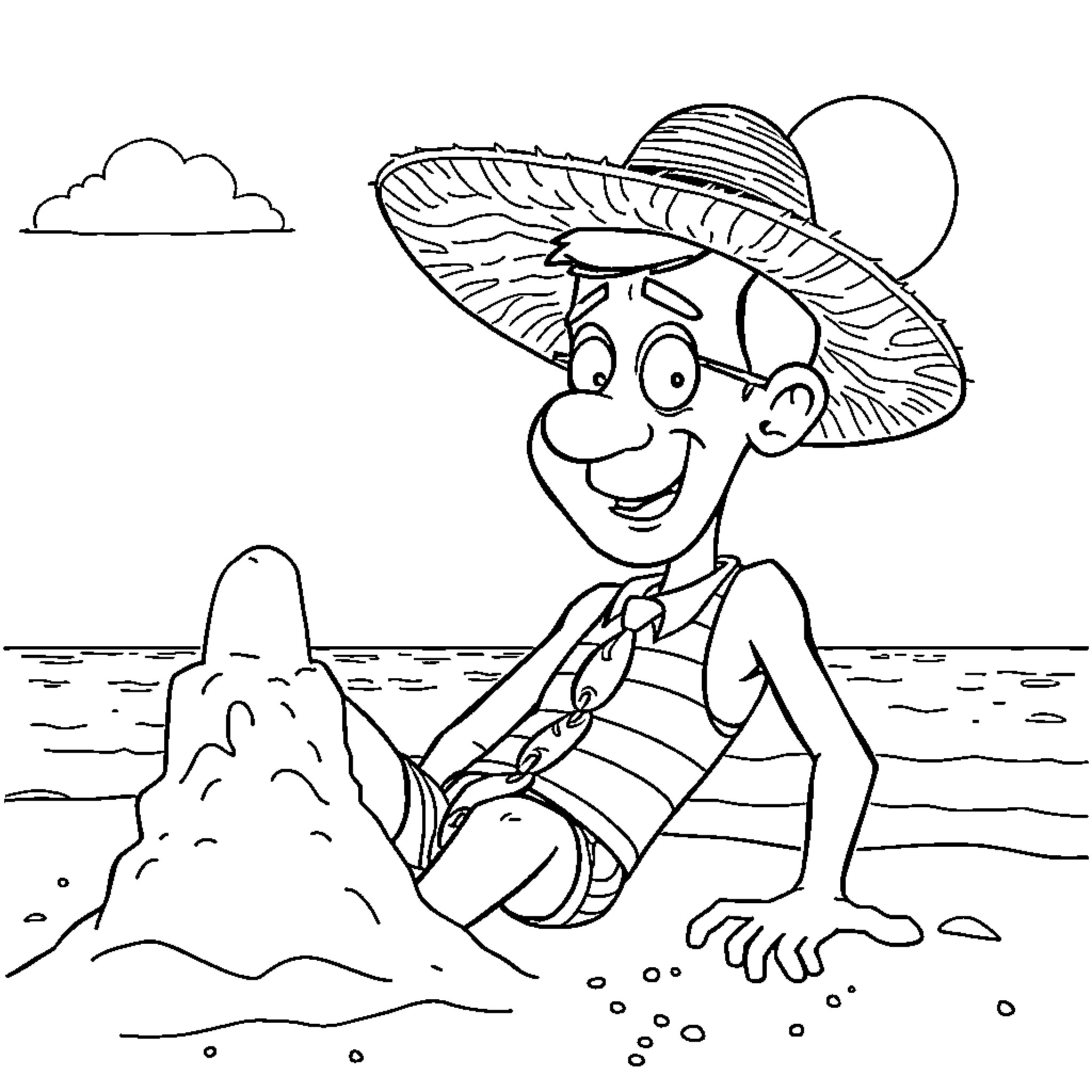 Mr Bean enjoying a day at the beach Coloring Page (free black-and-white line drawing printable PDF for all, from beginners to advanced learners, including children, teens, adults, and seniors)