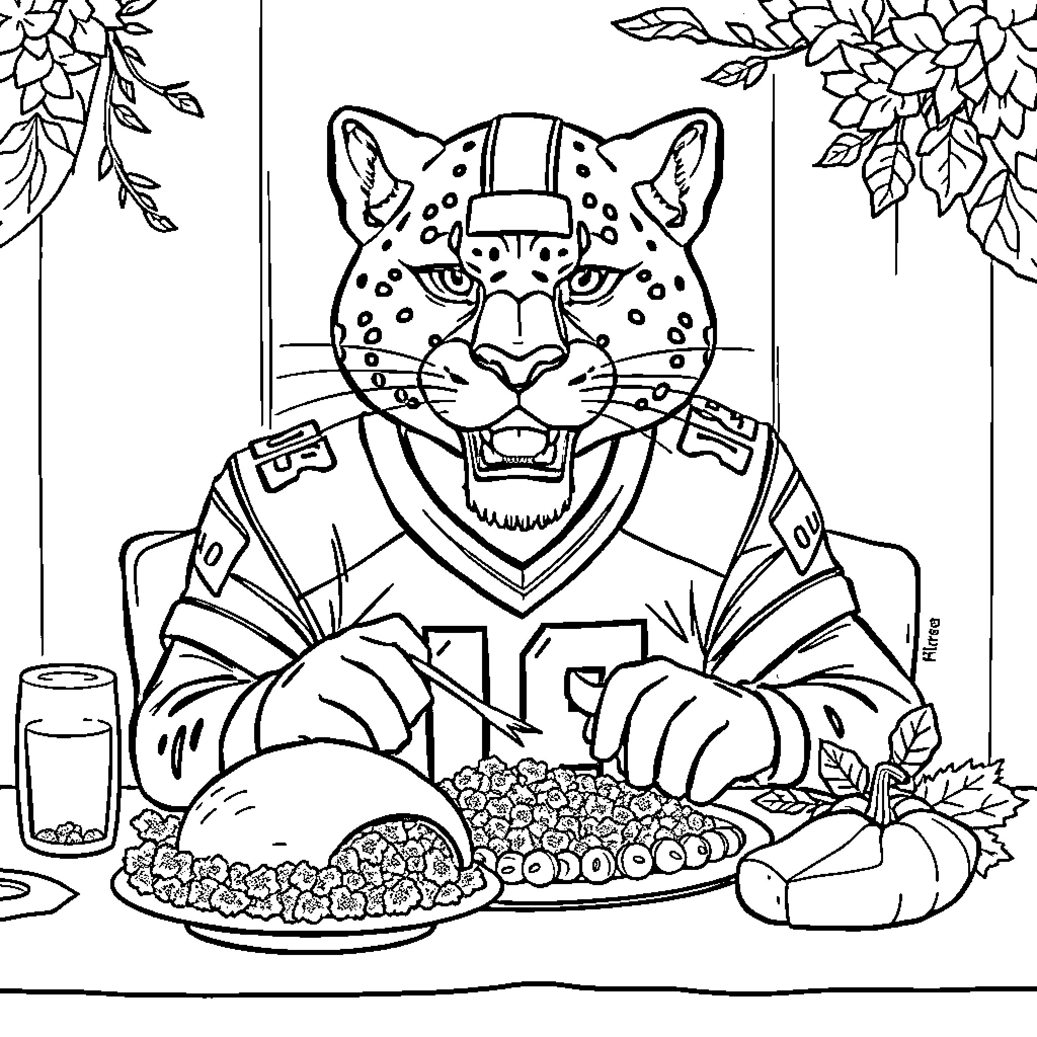 Cougar savoring a hearty feast Coloring Page (free black-and-white line drawing printable PDF for all, from beginners to advanced learners, including children, teens, adults, and seniors)