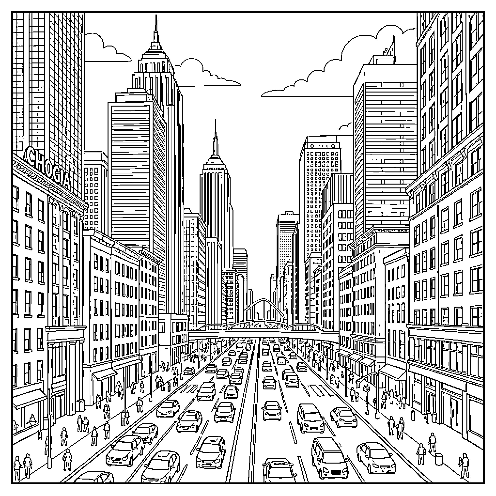 Chicago Cityscape with Bustling Streets and Iconic Skyscrapers Coloring Page (free black-and-white line drawing printable PDF for all, from beginners to advanced learners, including children, teens, adults, and seniors)