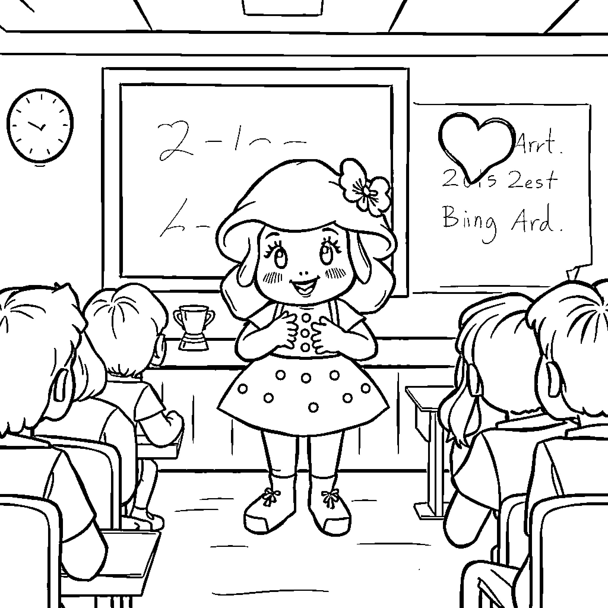 Strawberry Shortcake teaching students in a classroom Coloring Page (free black-and-white line drawing printable PDF for all, from beginners to advanced learners, including children, teens, adults, and seniors)