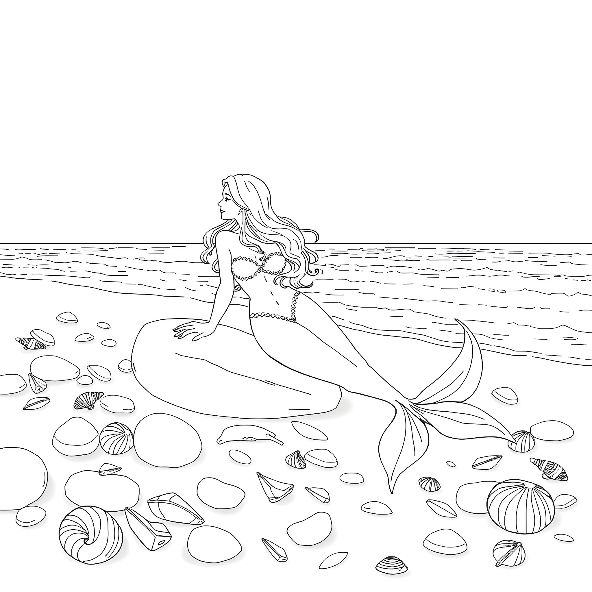 Mermaid sitting on the seafloor surrounded by shells Coloring Page (free black-and-white line drawing printable PDF for all, from beginners to advanced learners, including children, teens, adults, and seniors)