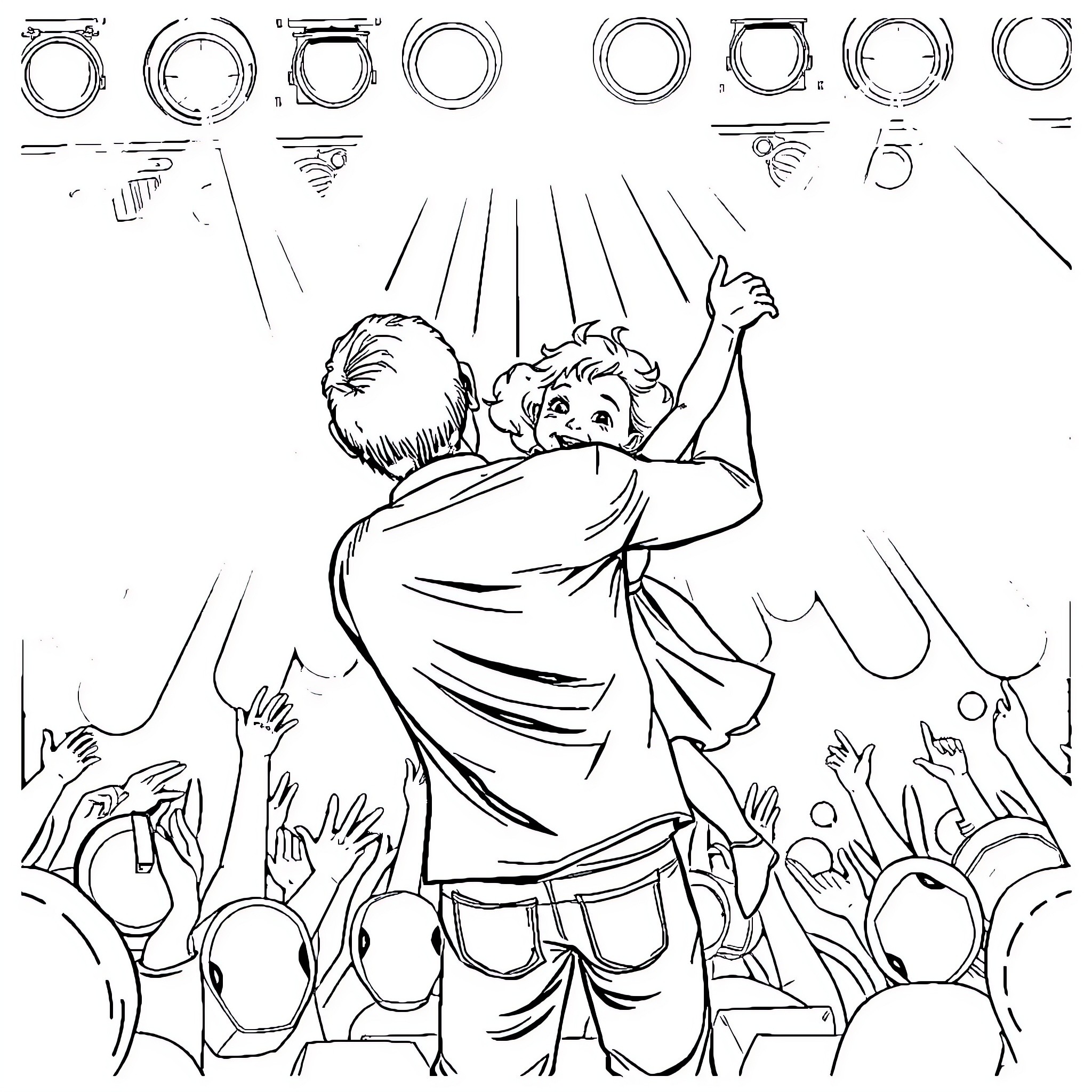 Baby Girl Performing on Stage with Crowd Coloring Page (free black-and-white line drawing printable PDF for all, from beginners to advanced learners, including children, teens, adults, and seniors)