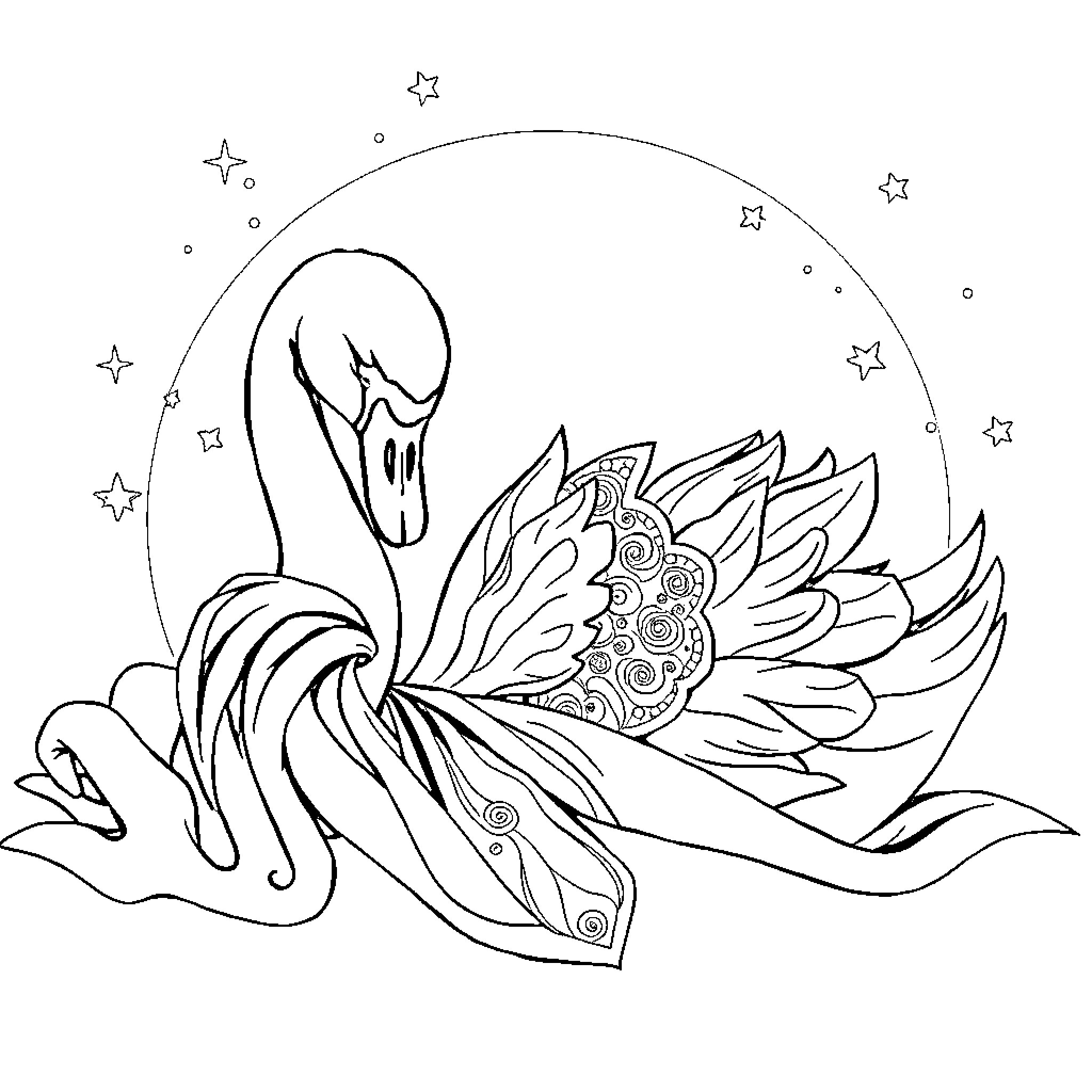 Swan in Starry Celestial Splendor Coloring Page (free black-and-white line drawing printable PDF for all, from beginners to advanced learners, including children, teens, adults, and seniors)