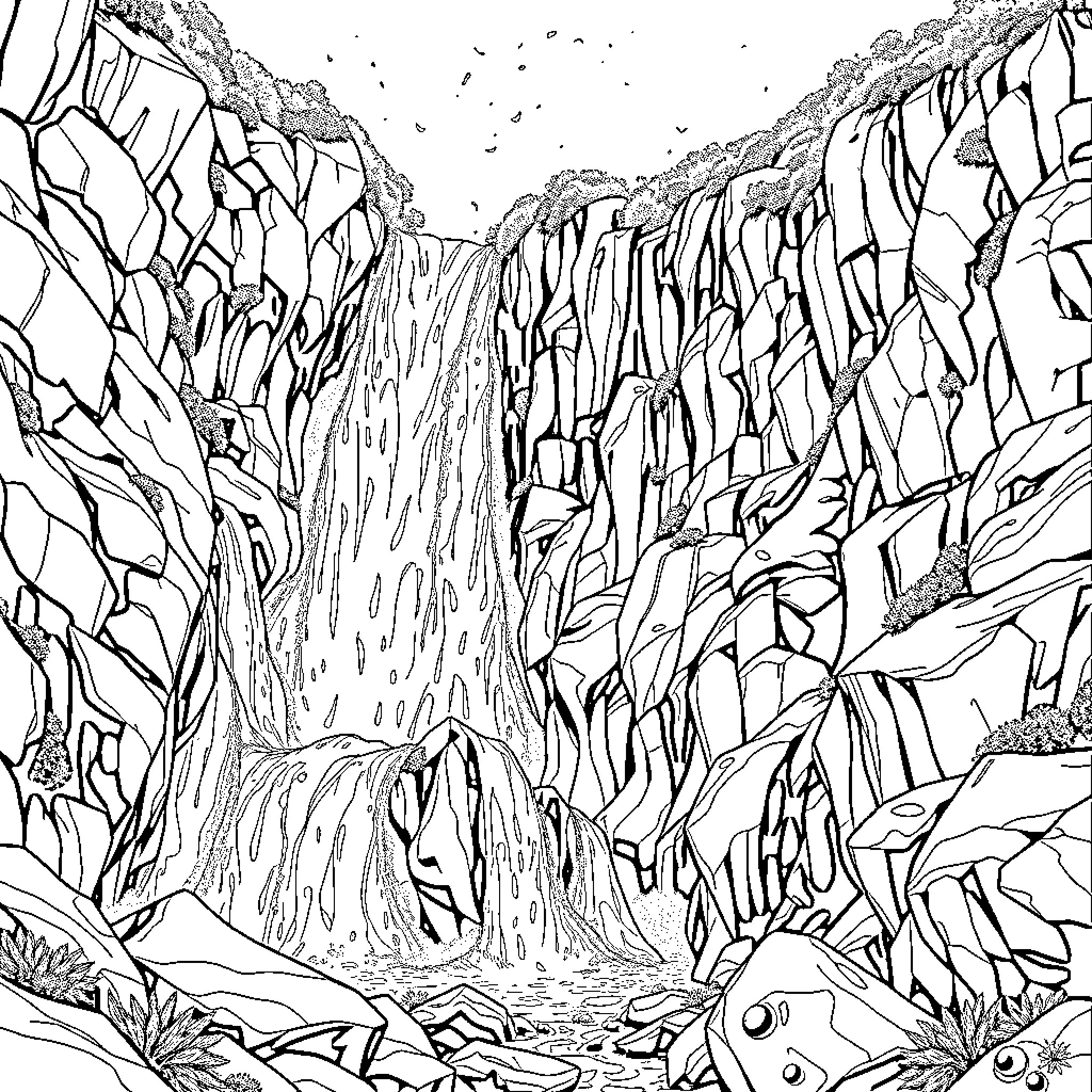 Waterfall cascading through rocky terrain Coloring Page (free black-and-white line drawing printable PDF for all, from beginners to advanced learners, including children, teens, adults, and seniors)