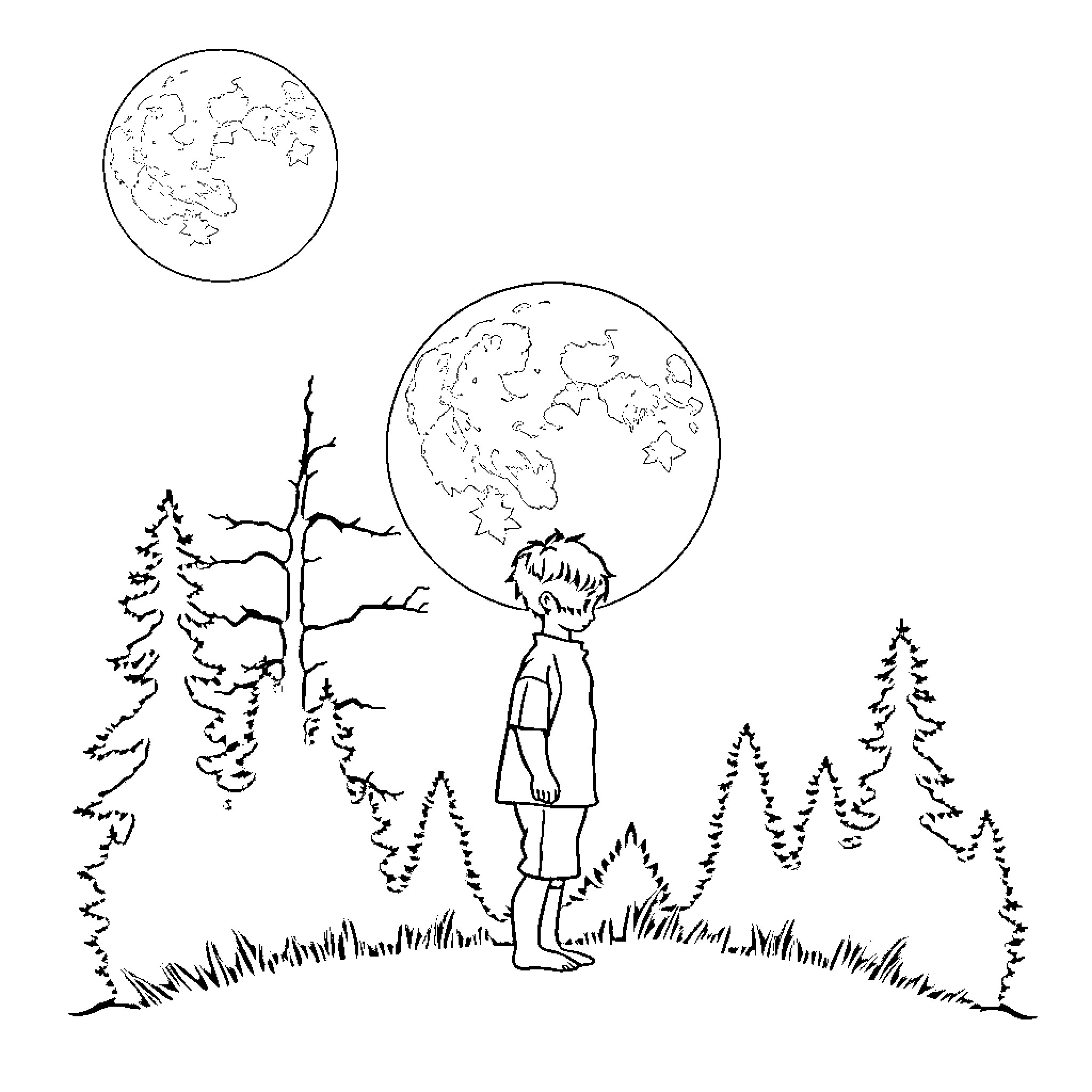 Boy and Wolf Gazing at the Celestial Bodies Coloring Page (free black-and-white line drawing printable PDF for all, from beginners to advanced learners, including children, teens, adults, and seniors)