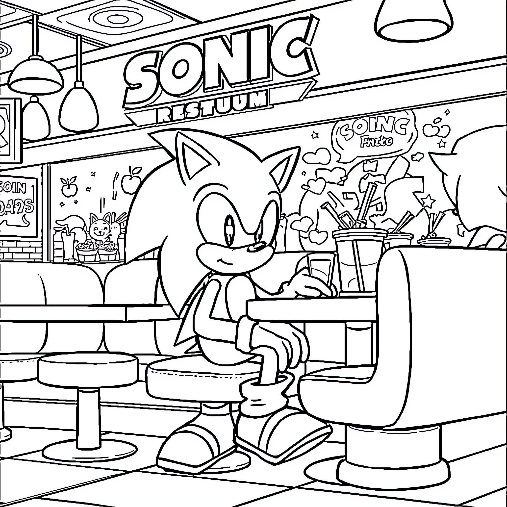 Sonic enjoying time at the restaurant Coloring Page (free black-and-white line drawing printable PDF for all, from beginners to advanced learners, including children, teens, adults, and seniors)