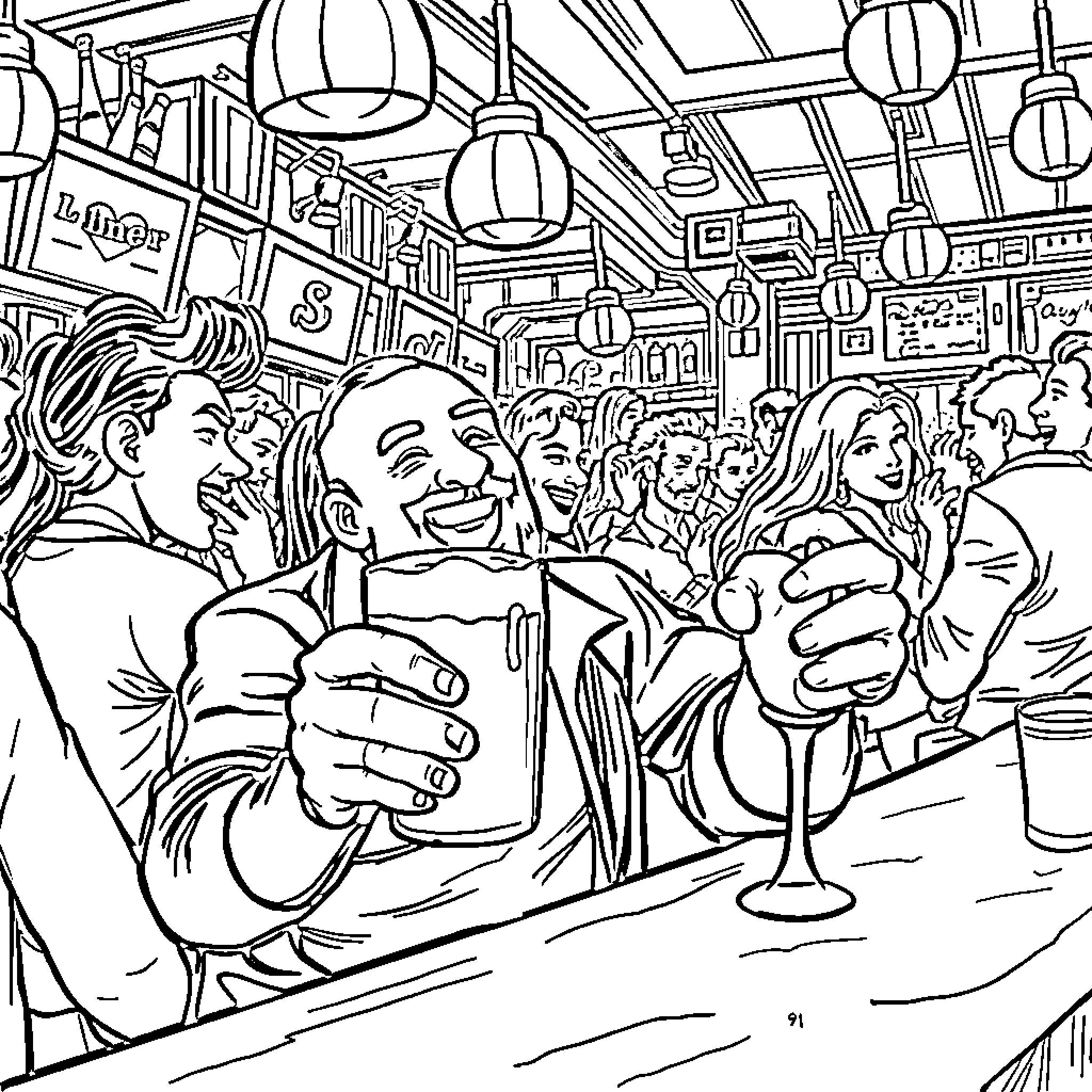Supremario: Friends Enjoying a Night Out at the Bar Coloring Page (free black-and-white line drawing printable PDF for all, from beginners to advanced learners, including children, teens, adults, and seniors)