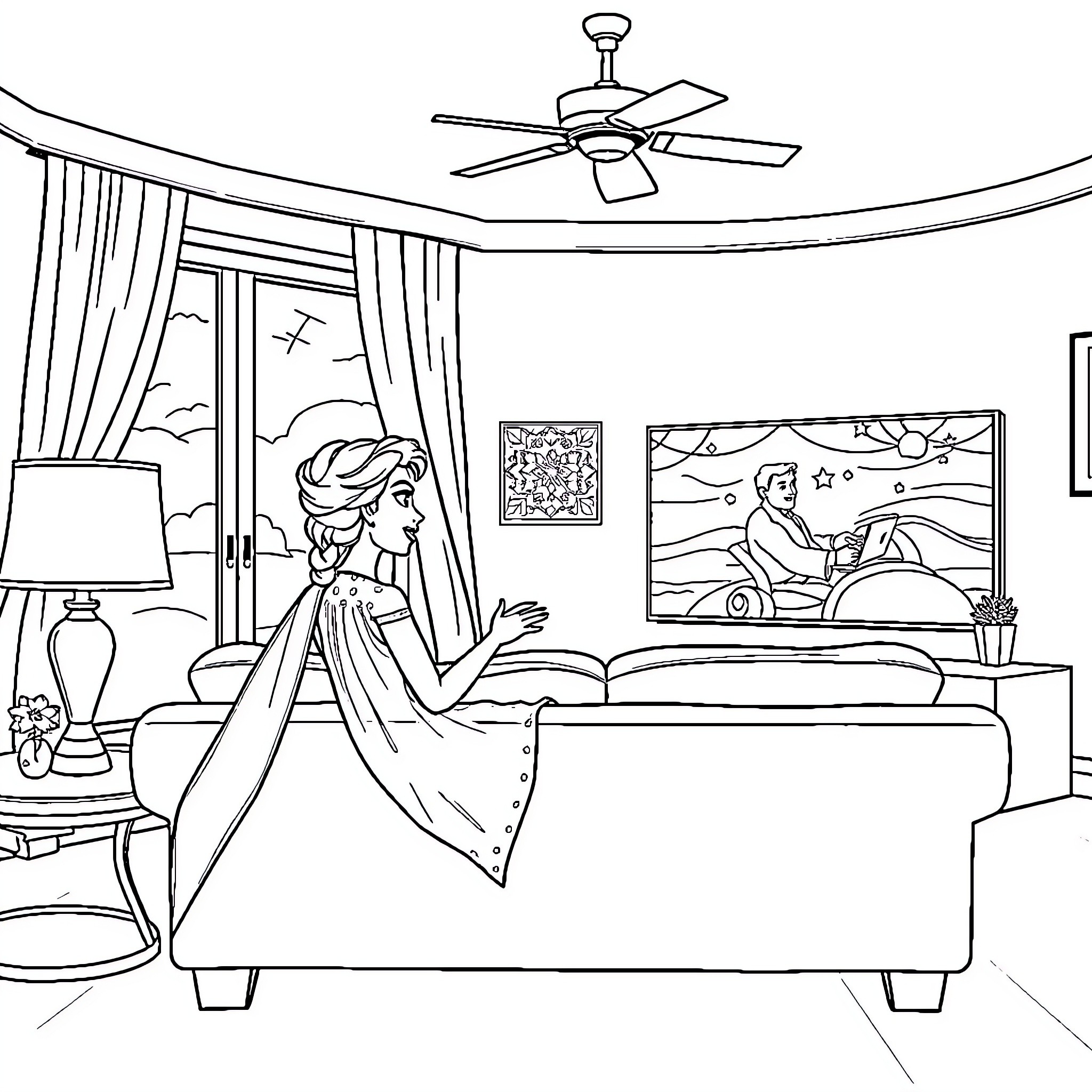 Elsa enjoying a cozy evening at home Coloring Page (free black-and-white line drawing printable PDF for all, from beginners to advanced learners, including children, teens, adults, and seniors)