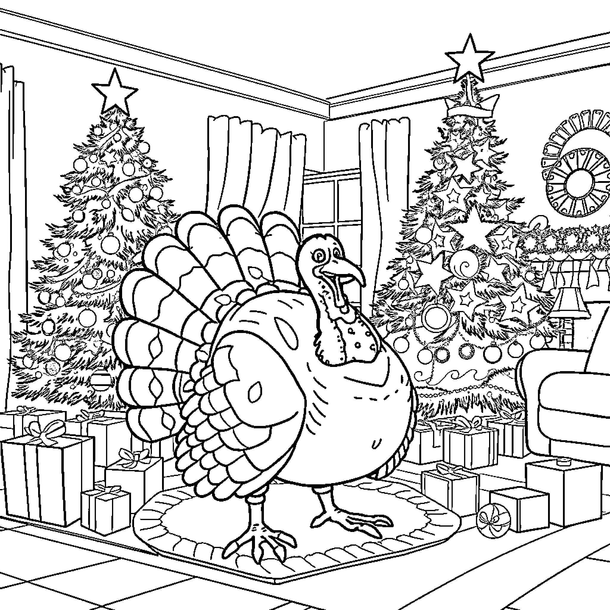 Turkey decorating Christmas scene with trees and gifts Coloring Page (free black-and-white line drawing printable PDF for all, from beginners to advanced learners, including children, teens, adults, and seniors)