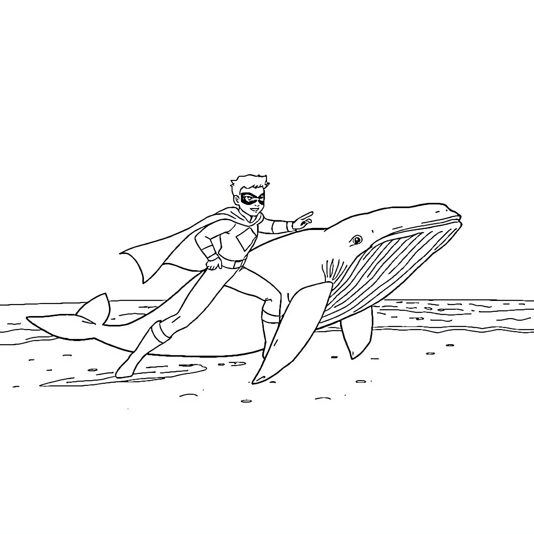 Superhero riding a giant whale in the ocean Coloring Page (free black-and-white line drawing printable PDF for all, from beginners to advanced learners, including children, teens, adults, and seniors)