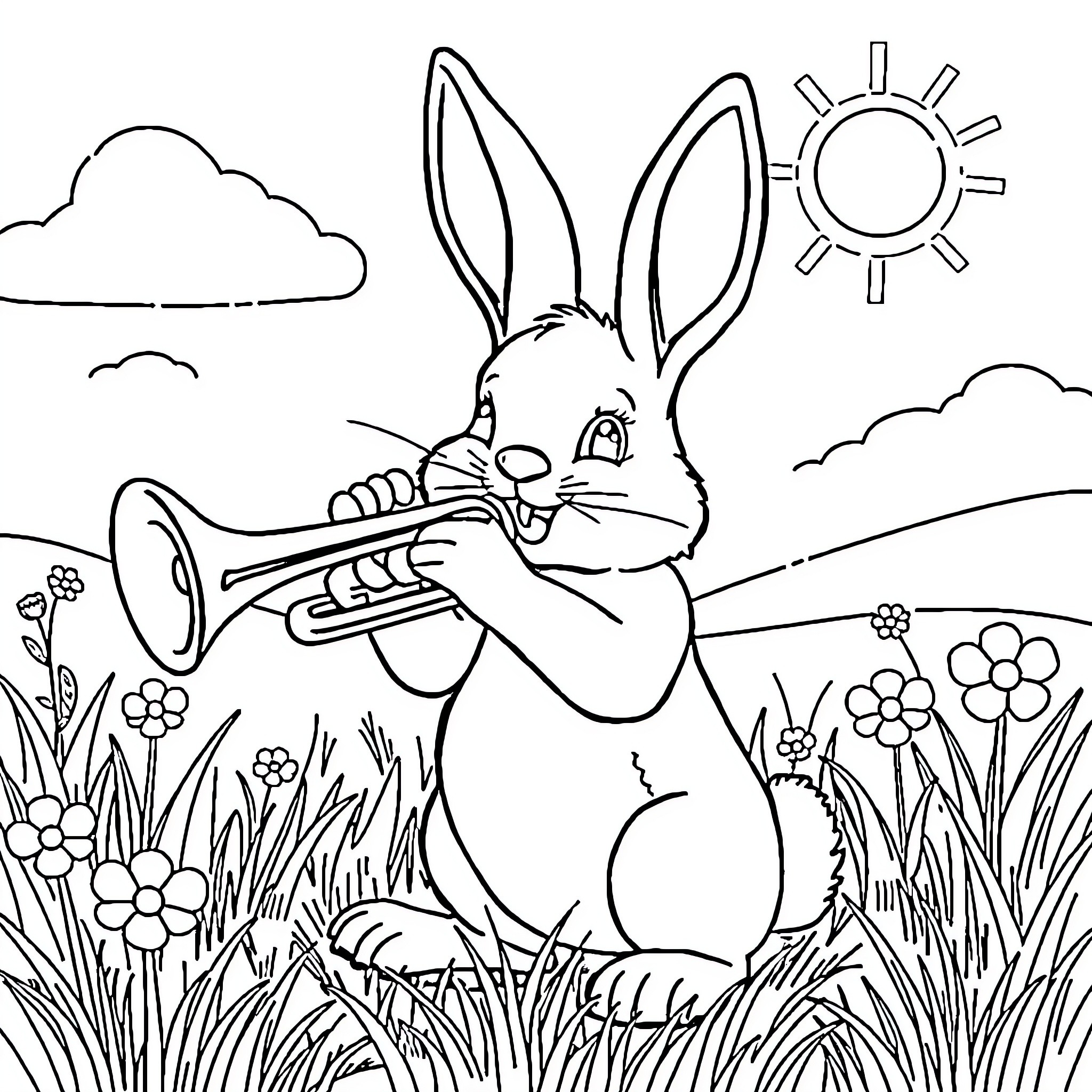 Bunny Playing Trumpet in Idyllic Meadow Coloring Page (free black-and-white line drawing printable PDF for all, from beginners to advanced learners, including children, teens, adults, and seniors)