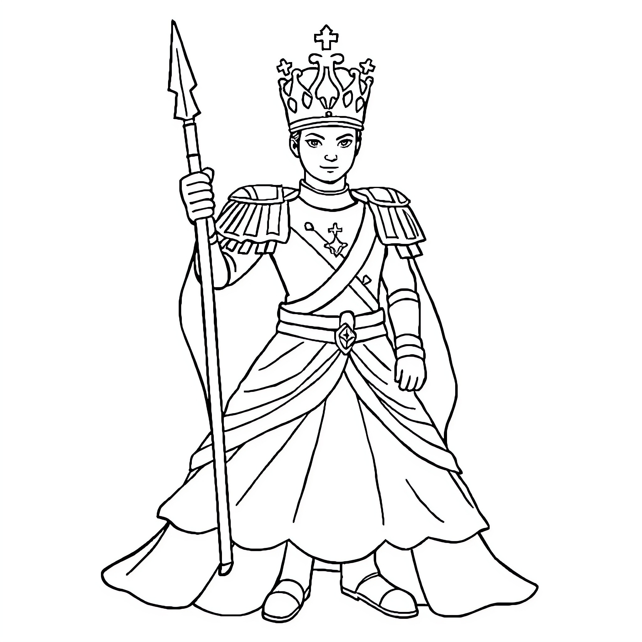 Soldier in ceremonial royal attire holding scepter Coloring Page (free black-and-white line drawing printable PDF for all, from beginners to advanced learners, including children, teens, adults, and seniors)