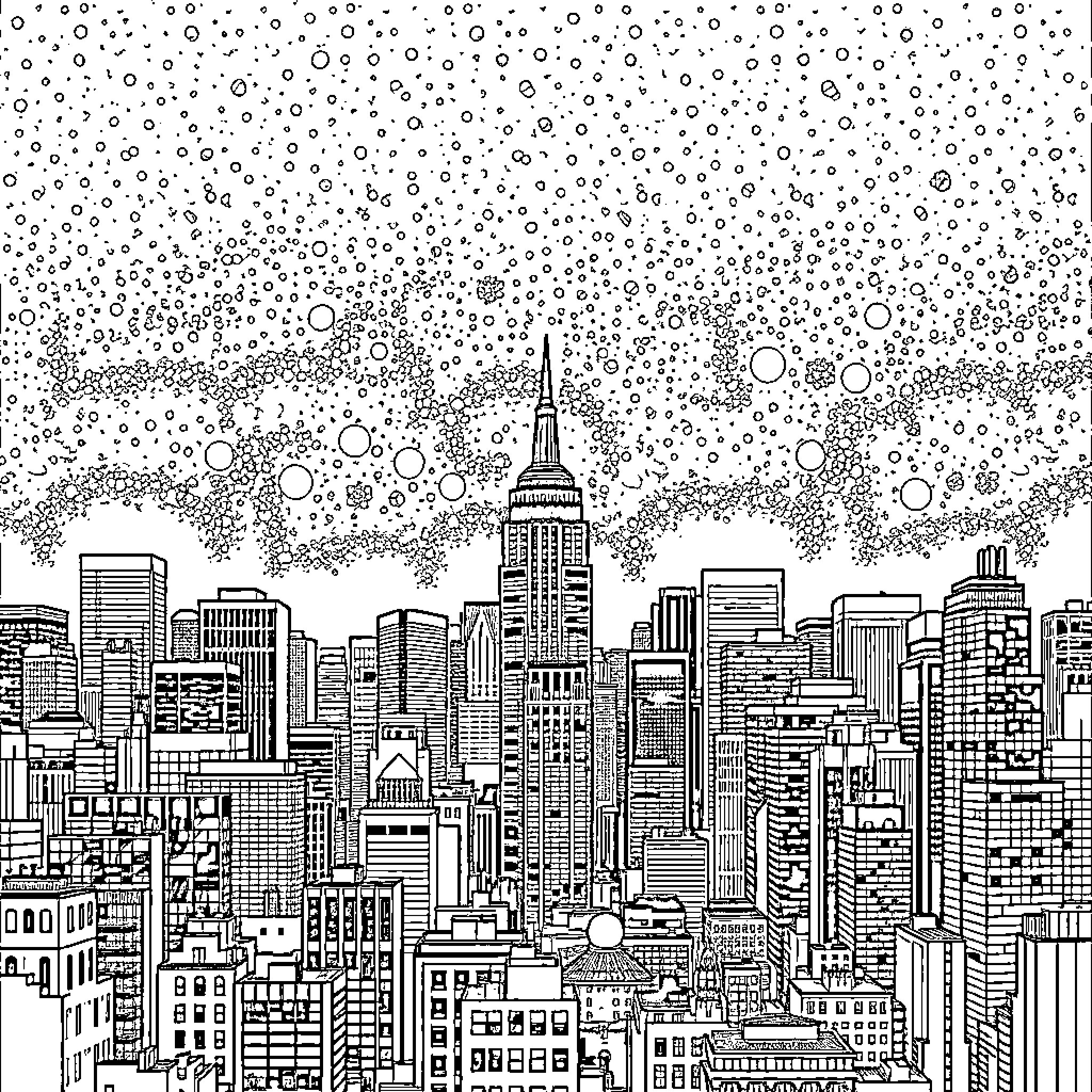 City skyline with architectural details and busy activity Coloring Page (free black-and-white line drawing printable PDF for all, from beginners to advanced learners, including children, teens, adults, and seniors)