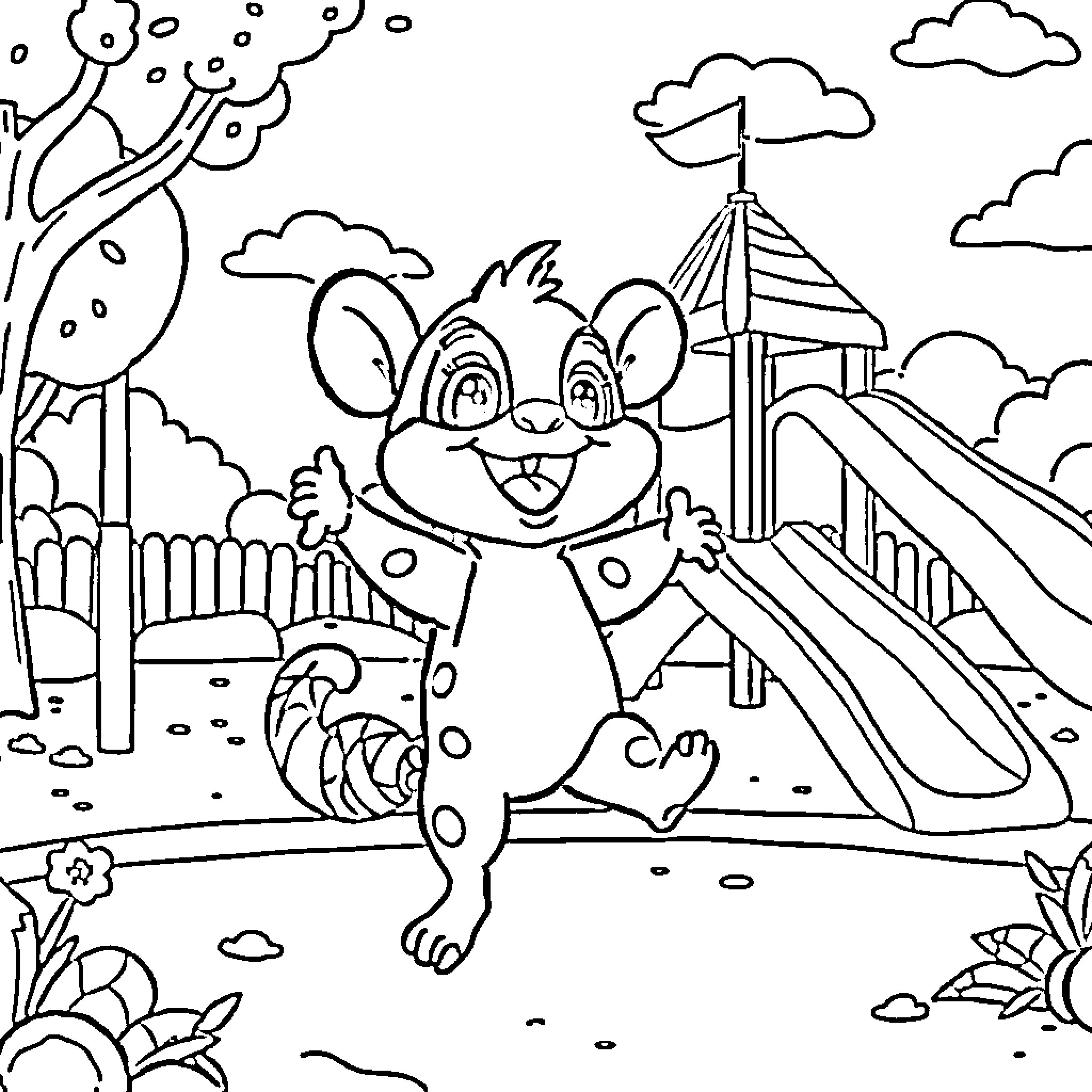 Papelucho playing happily on the playground Coloring Page (free black-and-white line drawing printable PDF for all, from beginners to advanced learners, including children, teens, adults, and seniors)