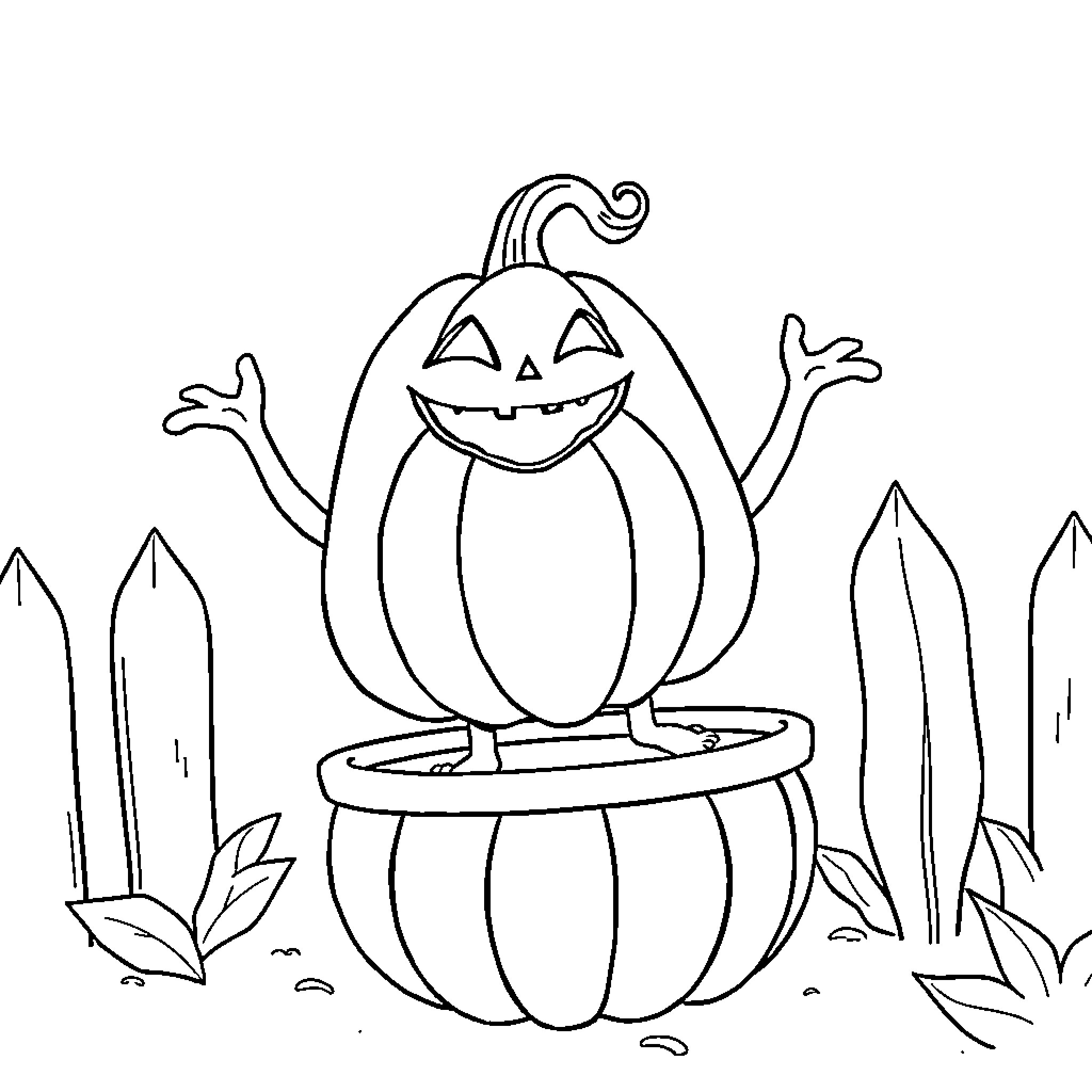 Pumpkin sitting joyfully on stool in garden Coloring Page (free black-and-white line drawing printable PDF for all, from beginners to advanced learners, including children, teens, adults, and seniors)