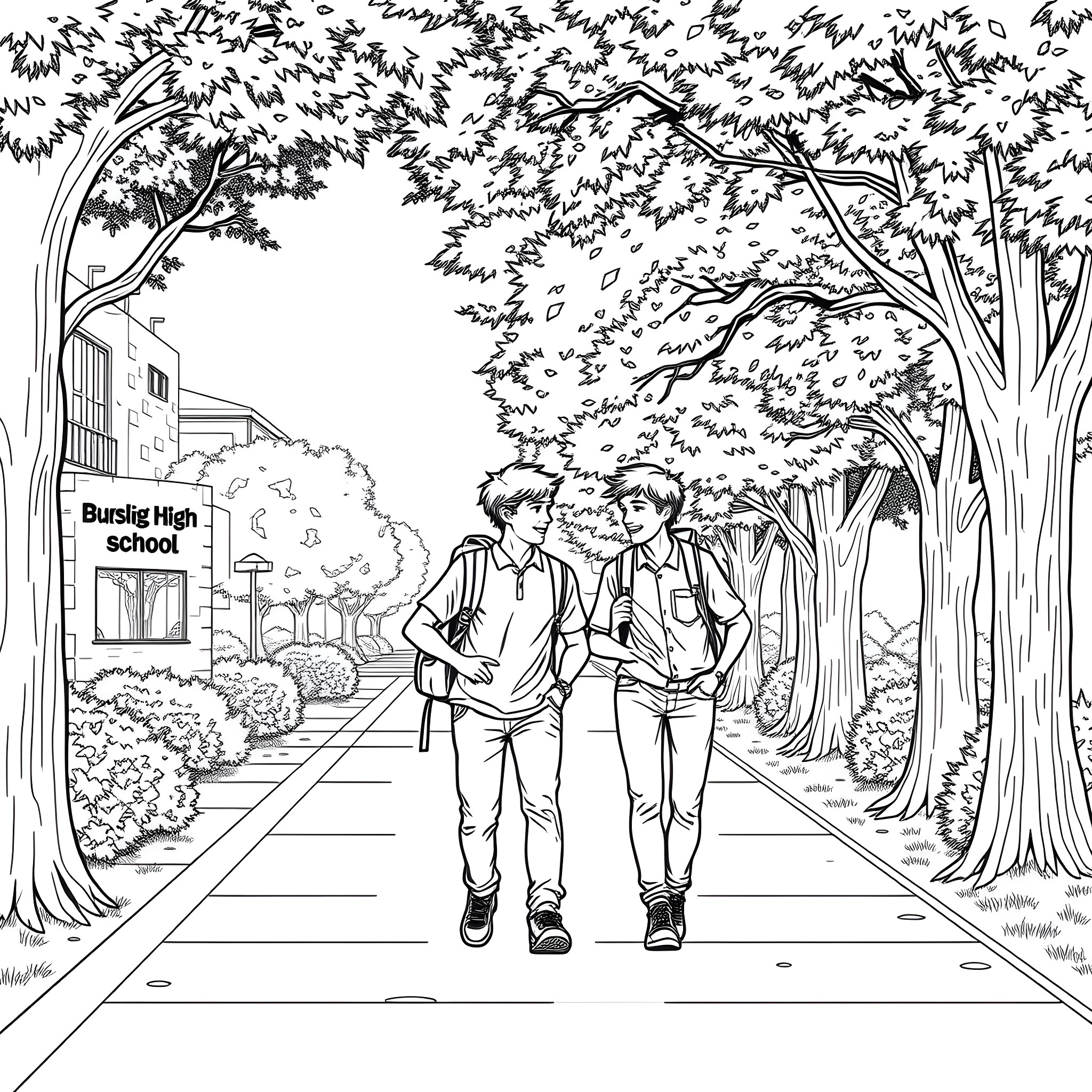 Teen Guys Strolling on Campus Path Coloring Page (free black-and-white line drawing printable PDF for all, from beginners to advanced learners, including children, teens, adults, and seniors)