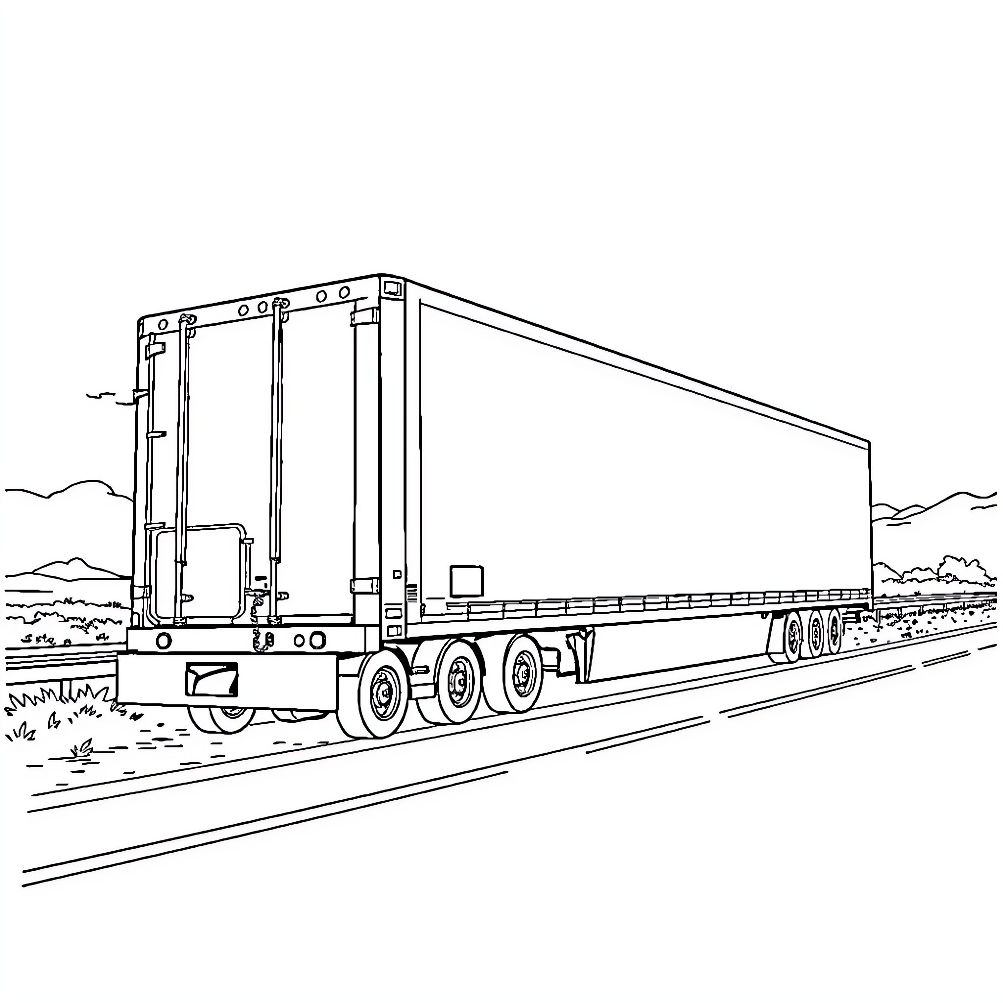 Trailer of a Large Commercial Truck on the Road Coloring Page (free black-and-white line drawing printable PDF for all, from beginners to advanced learners, including children, teens, adults, and seniors)