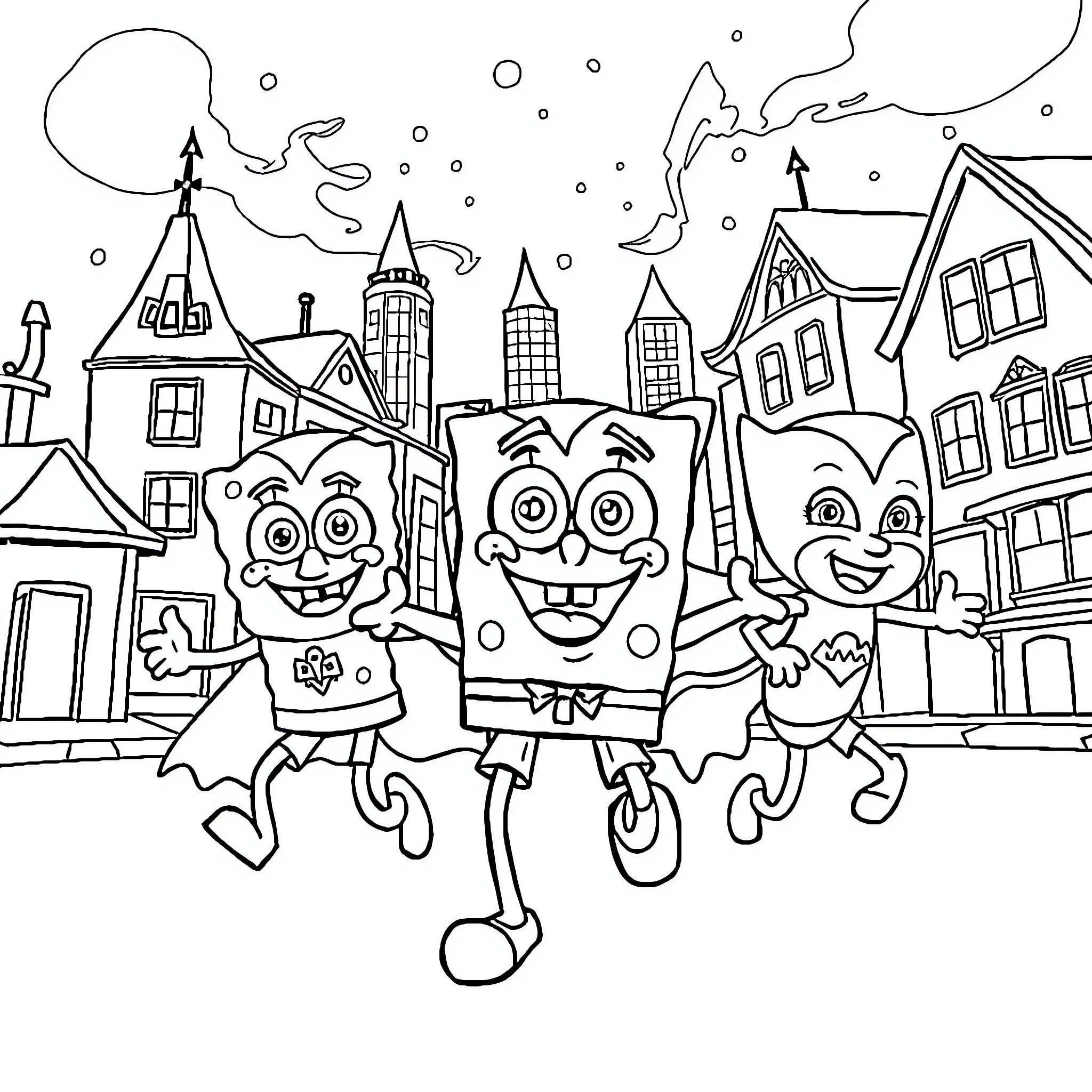 Spongebob and friends explore the town Coloring Page (free black-and-white line drawing printable PDF for all, from beginners to advanced learners, including children, teens, adults, and seniors)