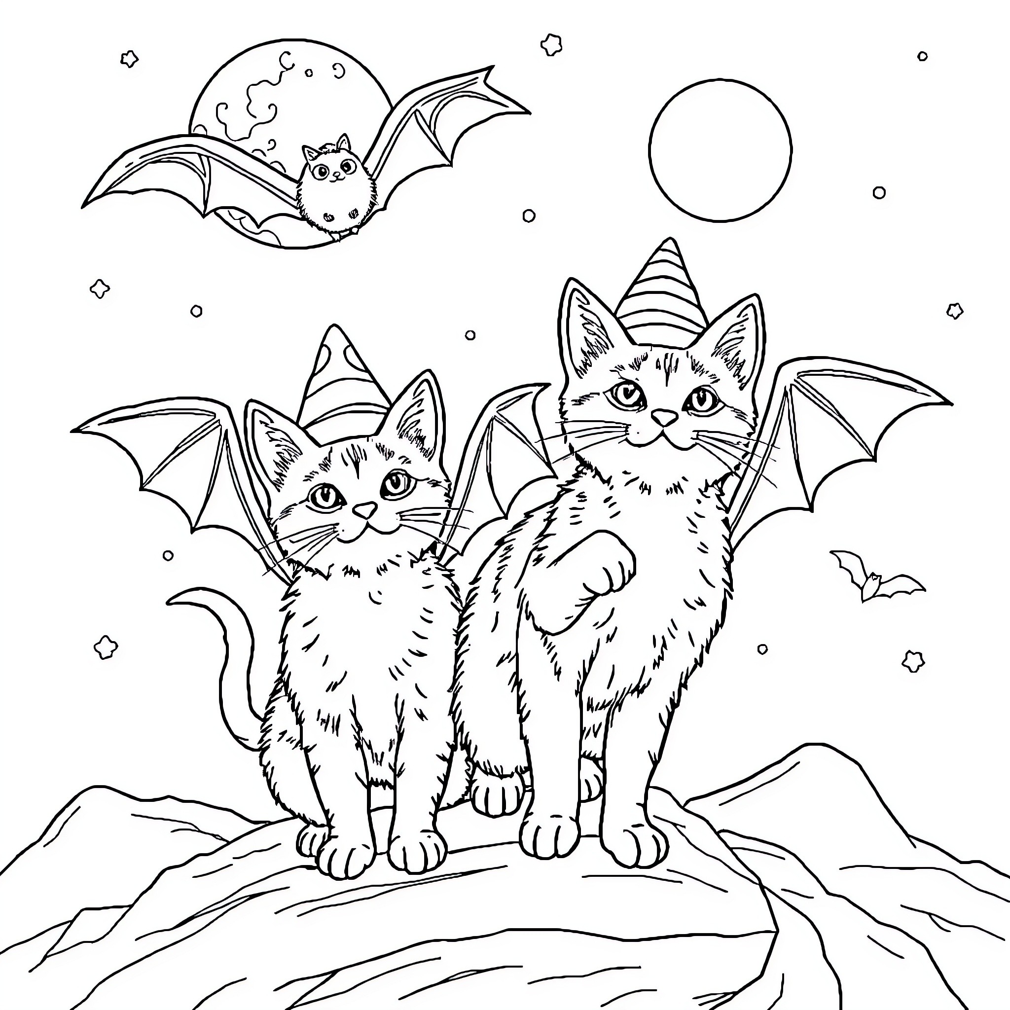 Cat Bats Watching Moon-lit Night Scene Coloring Page (free black-and-white line drawing printable PDF for all, from beginners to advanced learners, including children, teens, adults, and seniors)