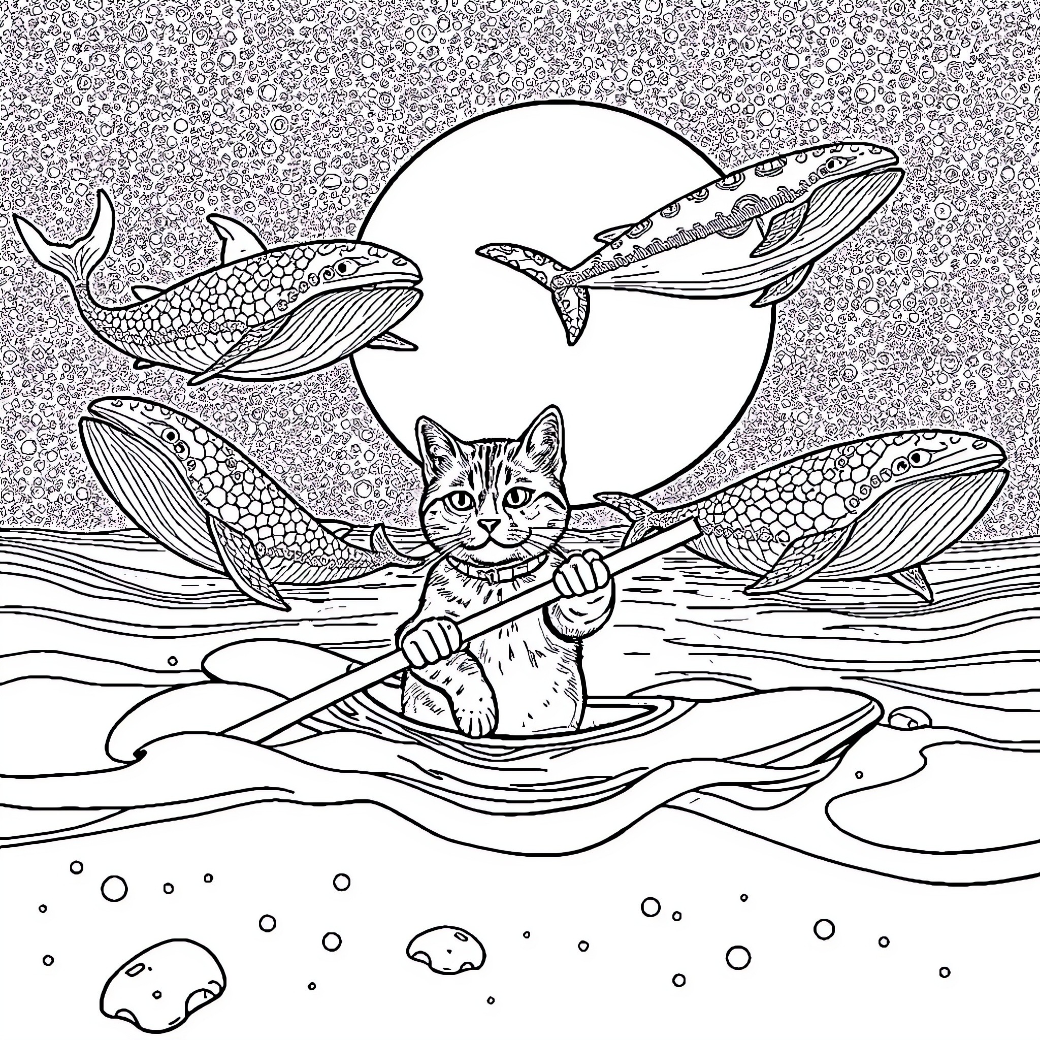 Tabby cat paddling in sea with whales Coloring Page (free black-and-white line drawing printable PDF for all, from beginners to advanced learners, including children, teens, adults, and seniors)
