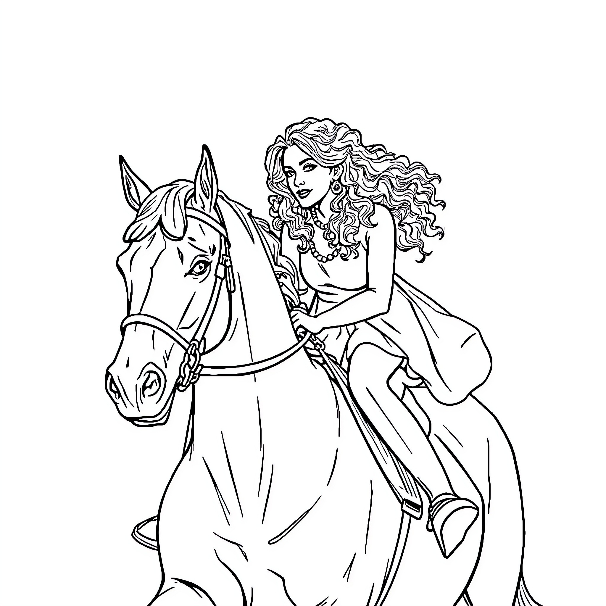 Horse-drawn maiden in flowing dress Coloring Page (free black-and-white line drawing printable PDF for all, from beginners to advanced learners, including children, teens, adults, and seniors)