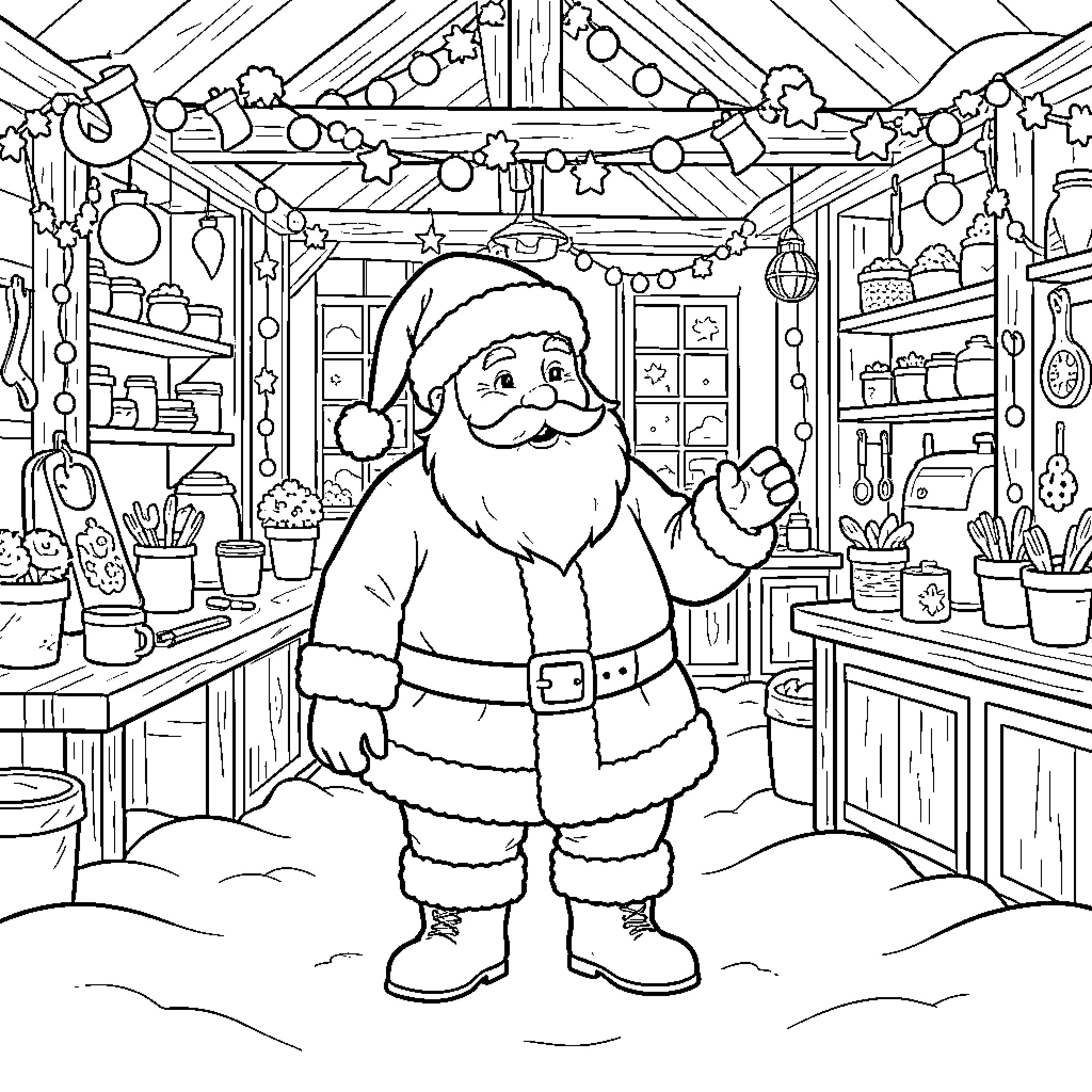 Santa Claus in a cozy holiday workshop Coloring Page (free black-and-white line drawing printable PDF for all, from beginners to advanced learners, including children, teens, adults, and seniors)
