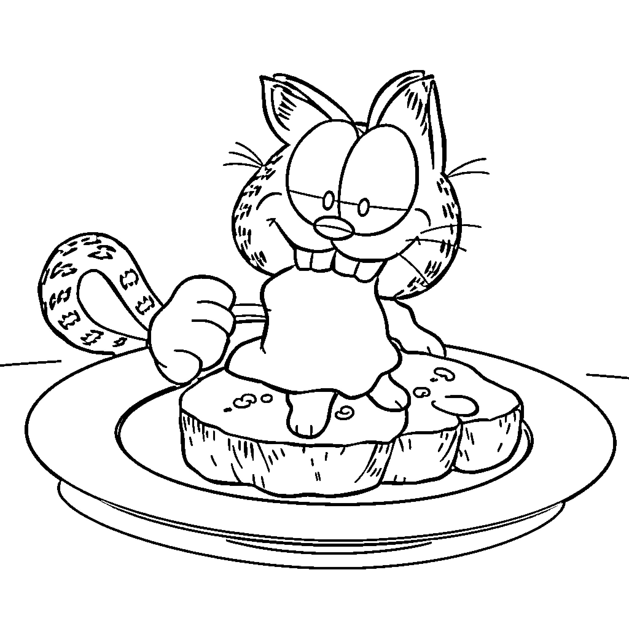 Garfield enjoying a tasty meal Coloring Page (free black-and-white line drawing printable PDF for all, from beginners to advanced learners, including children, teens, adults, and seniors)