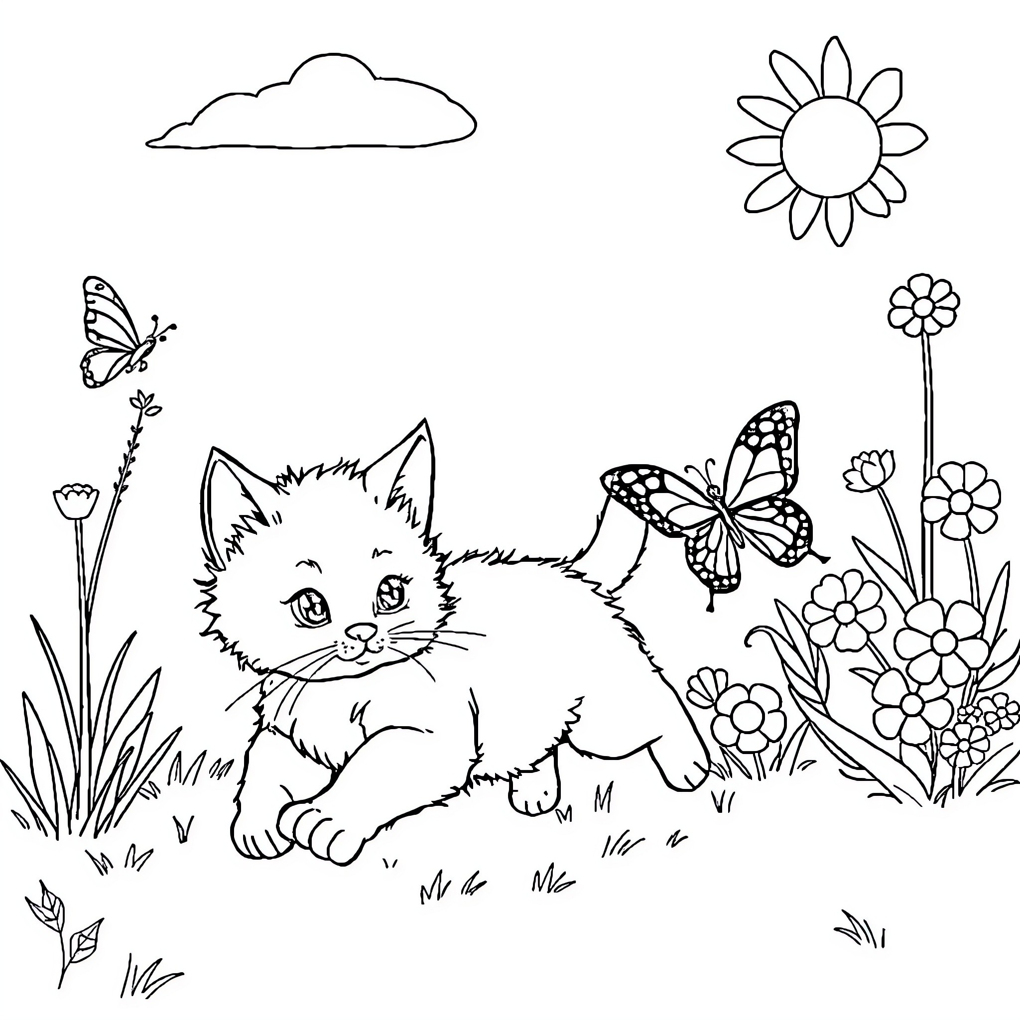 Kitten exploring the garden with butterflies Coloring Page (free black-and-white line drawing printable PDF for all, from beginners to advanced learners, including children, teens, adults, and seniors)