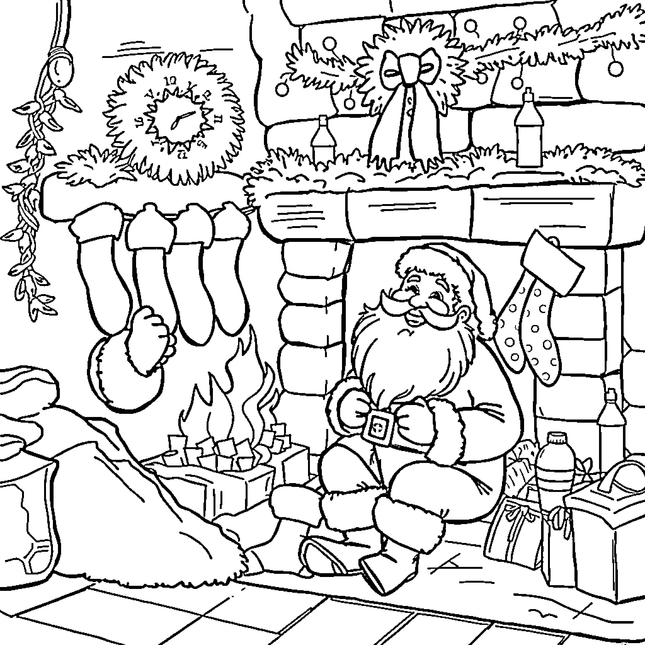Santa preparing for Christmas festivities Coloring Page (free black-and-white line drawing printable PDF for all, from beginners to advanced learners, including children, teens, adults, and seniors)