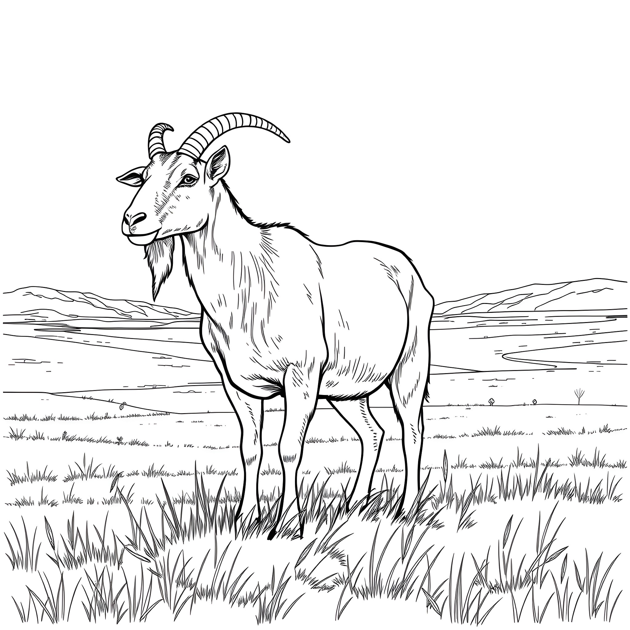 Goat standing majestically in a grassy field Coloring Page (free black-and-white line drawing printable PDF for all, from beginners to advanced learners, including children, teens, adults, and seniors)