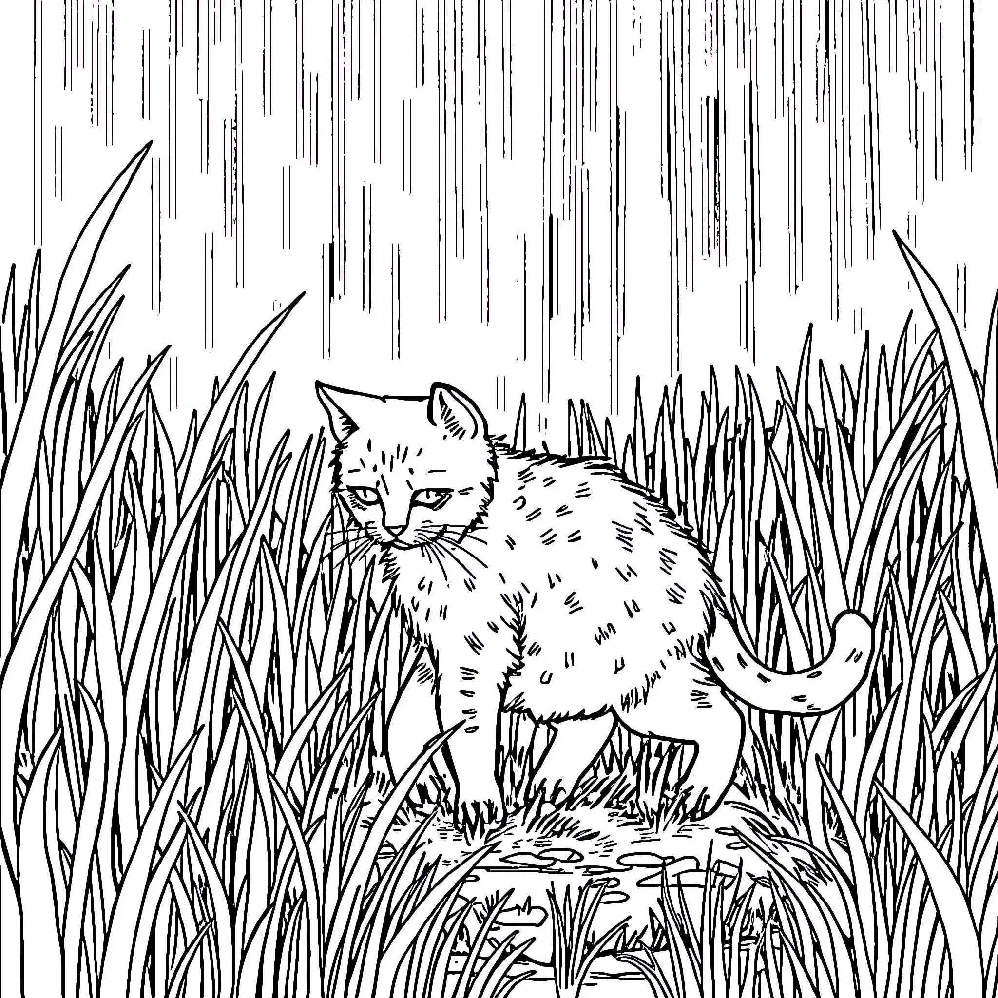 Cat hidden in tall grass Coloring Page (free black-and-white line drawing printable PDF for all, from beginners to advanced learners, including children, teens, adults, and seniors)