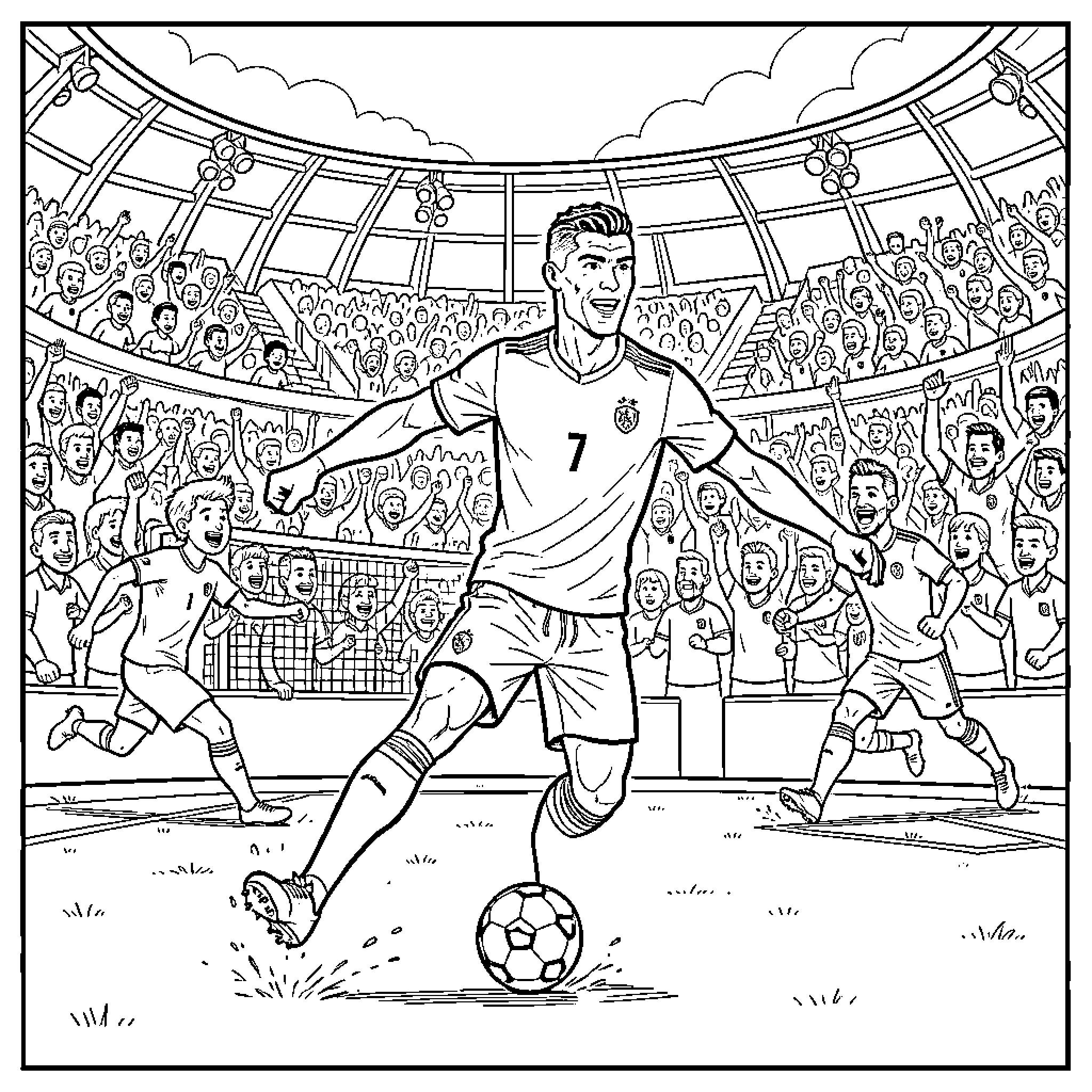 Cristiano Ronaldo dribbling a soccer ball in a stadium Coloring Page (free black-and-white line drawing printable PDF for all, from beginners to advanced learners, including children, teens, adults, and seniors)