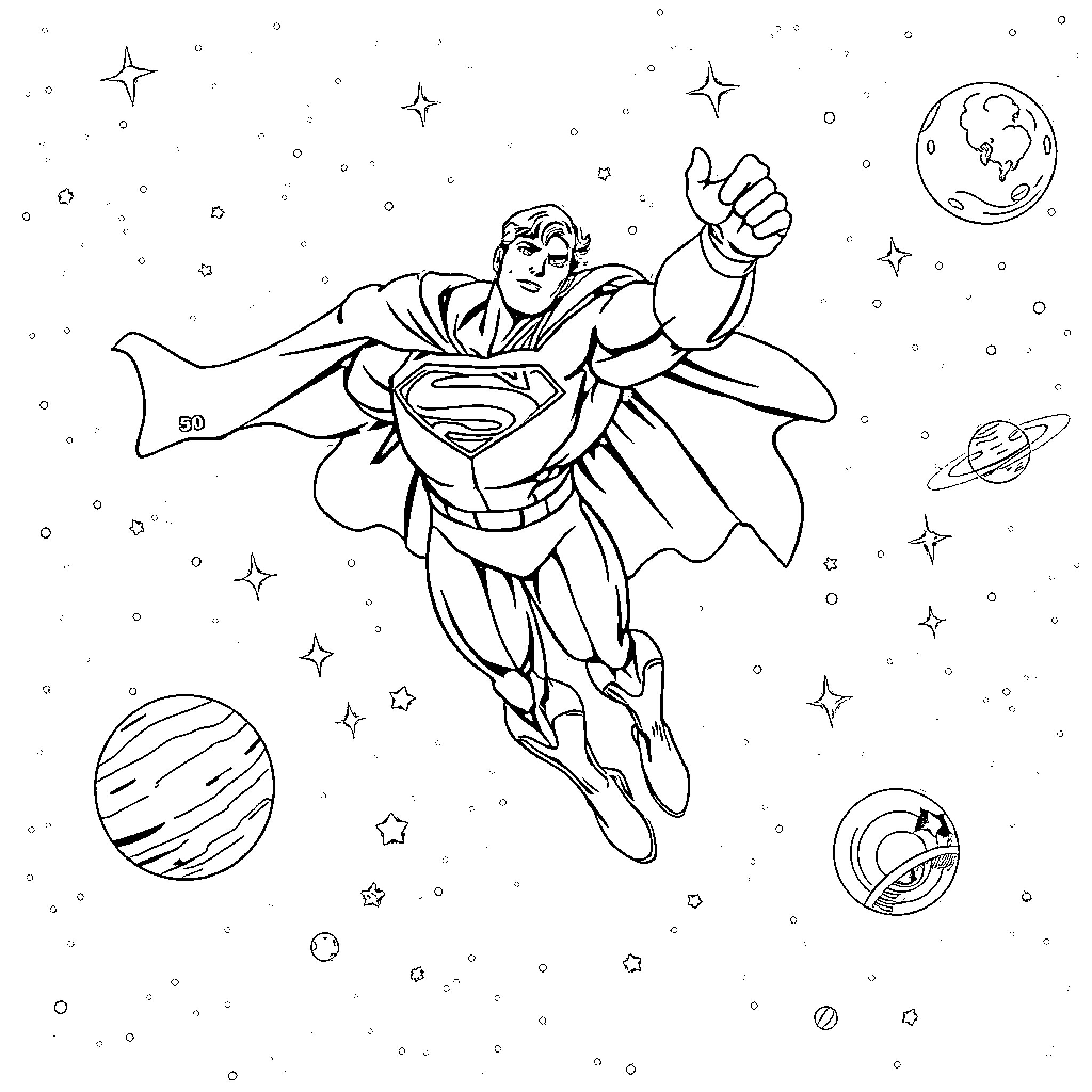 Superman heroically soaring through cosmic space Coloring Page (free black-and-white line drawing printable PDF for all, from beginners to advanced learners, including children, teens, adults, and seniors)
