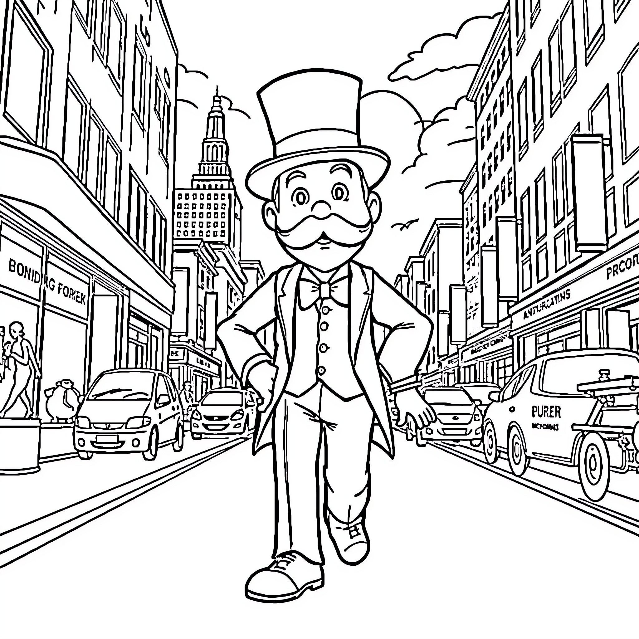 Mr. Monopoly Strolling Through the City Streets Coloring Page (free black-and-white line drawing printable PDF for all, from beginners to advanced learners, including children, teens, adults, and seniors)