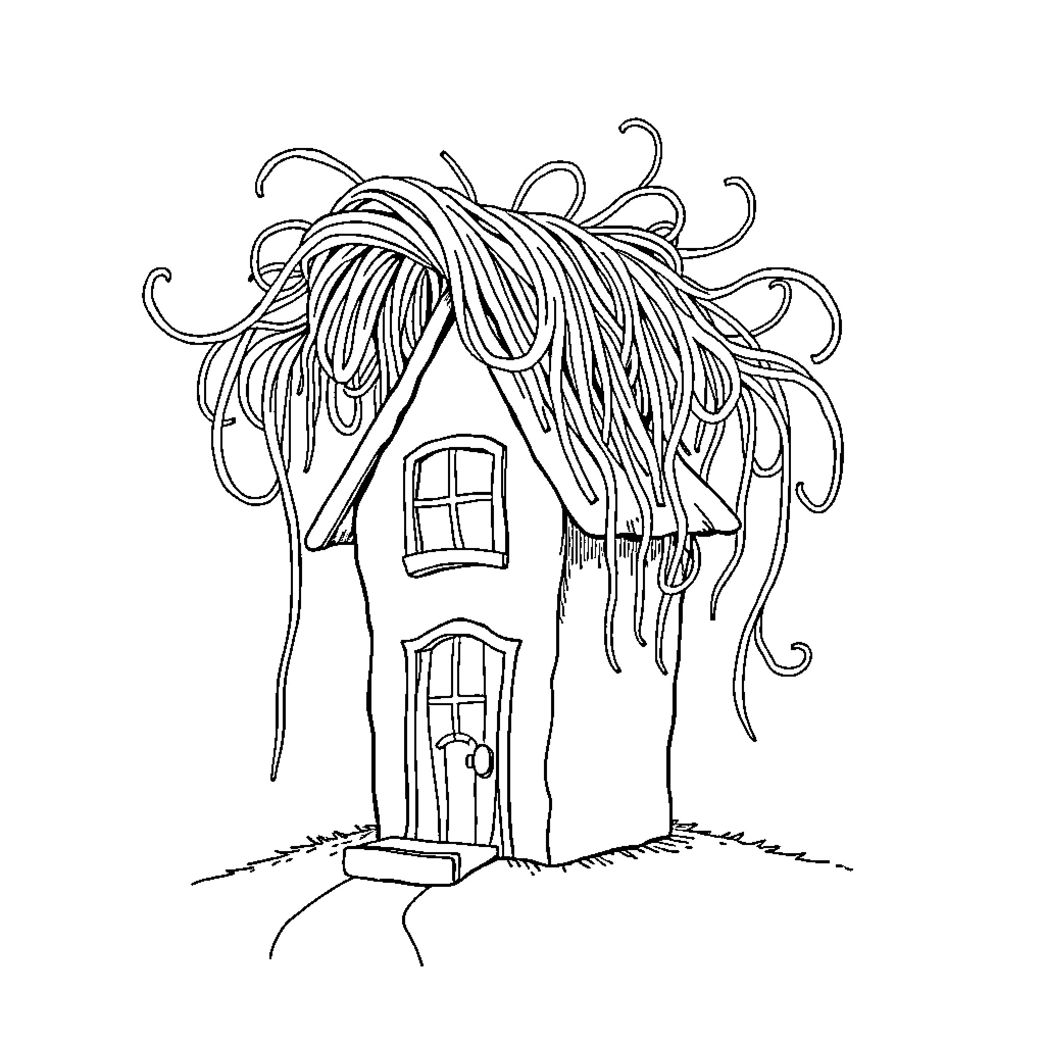 House with Whimsical Roof Shapes Coloring Page (free black-and-white line drawing printable PDF for all, from beginners to advanced learners, including children, teens, adults, and seniors)